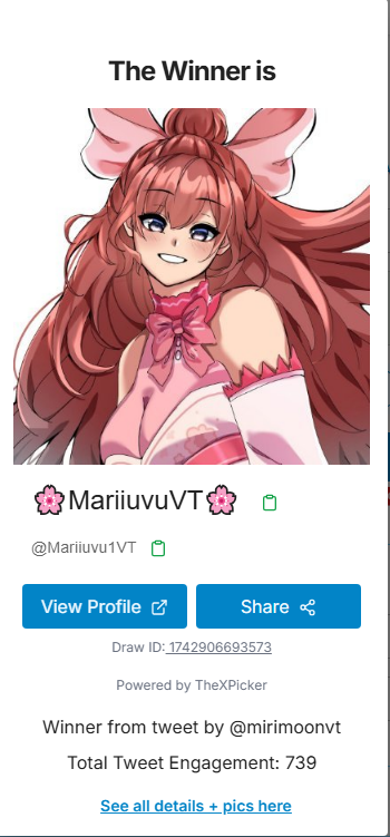 mirimoonvt's tweet photo. THANK YOU ALL FOR THE EXCELLENT RECEPTION OF THE RAFFLE!!
As a thank you, I'll be giving  3 prizes instead of 1!!
A BIG THANK YOU ALL!
THE WINNERS PLEASE DM ME!!!!
@Mariiuvu1VT @lilypadsvt @SmithBurkley https://t.co/Y9PK15IkJL