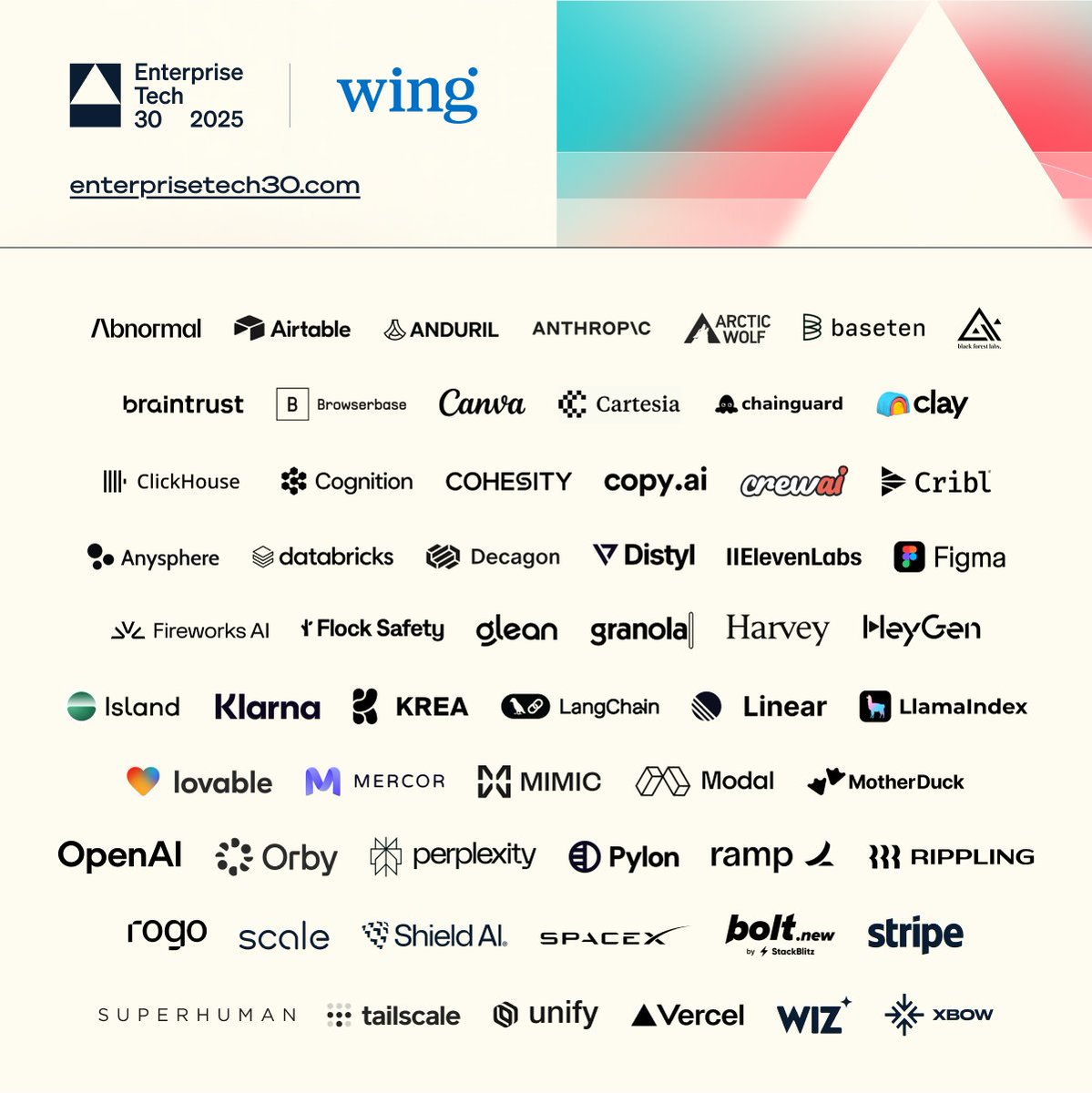 Wing_VC's tweet image. 🚀We’ve just dropped the ET30 2025 — our 7th annual list of the top private companies in enterprise tech.
This year, it’s all about AI-native products, agentic systems, and a resurgence in early-stage dealmaking. Proudly created in partnership with @EricNewcomer.
60…