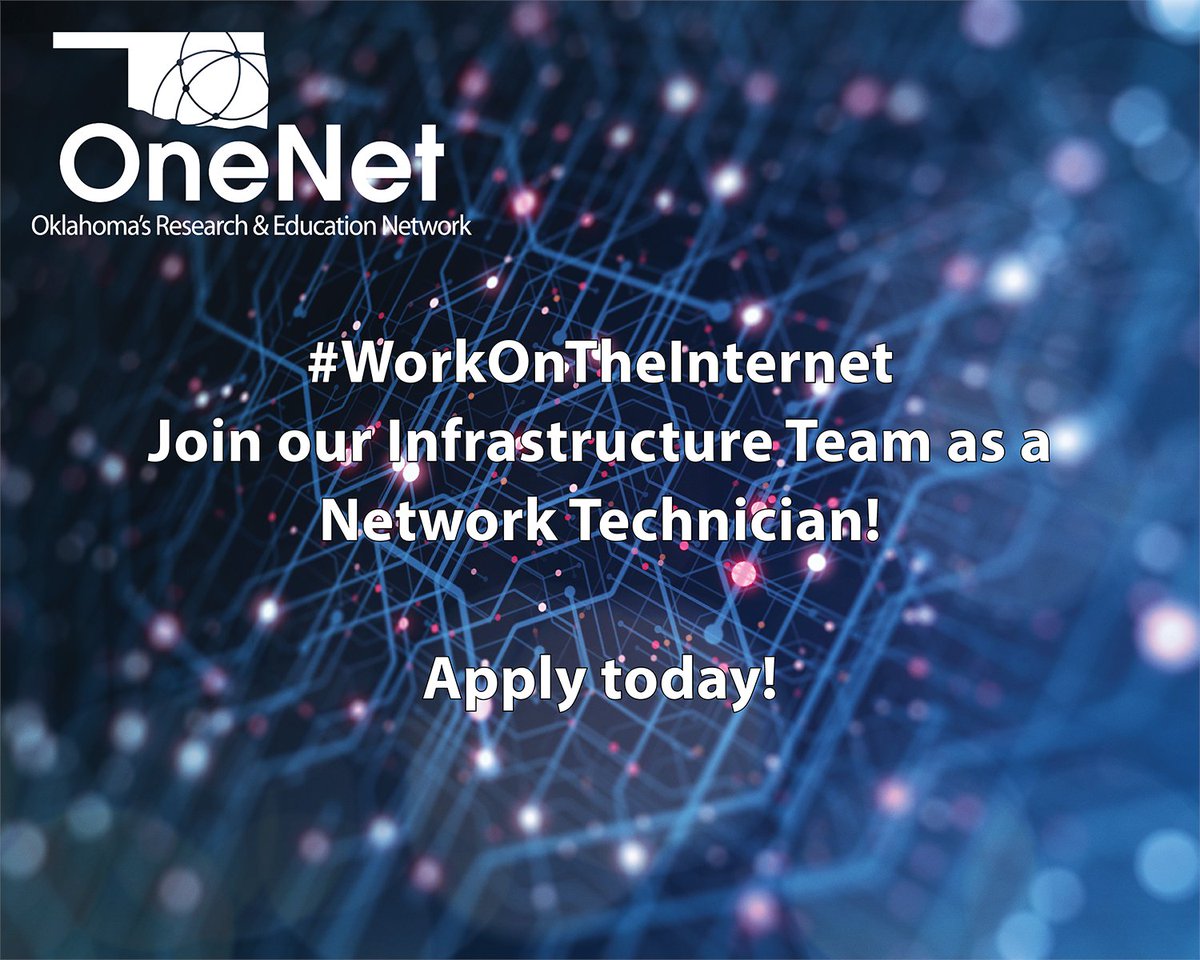 OneNetOK's tweet image. #WorkOnTheInternet - Join the OneNet team as a network technician!  Provide technical support for subscribers across the state. Make a difference in education, health care and government services! Great benefits &amp;amp; tuition reimbursement. Learn more at: onenet.net/onenet-job-opp…