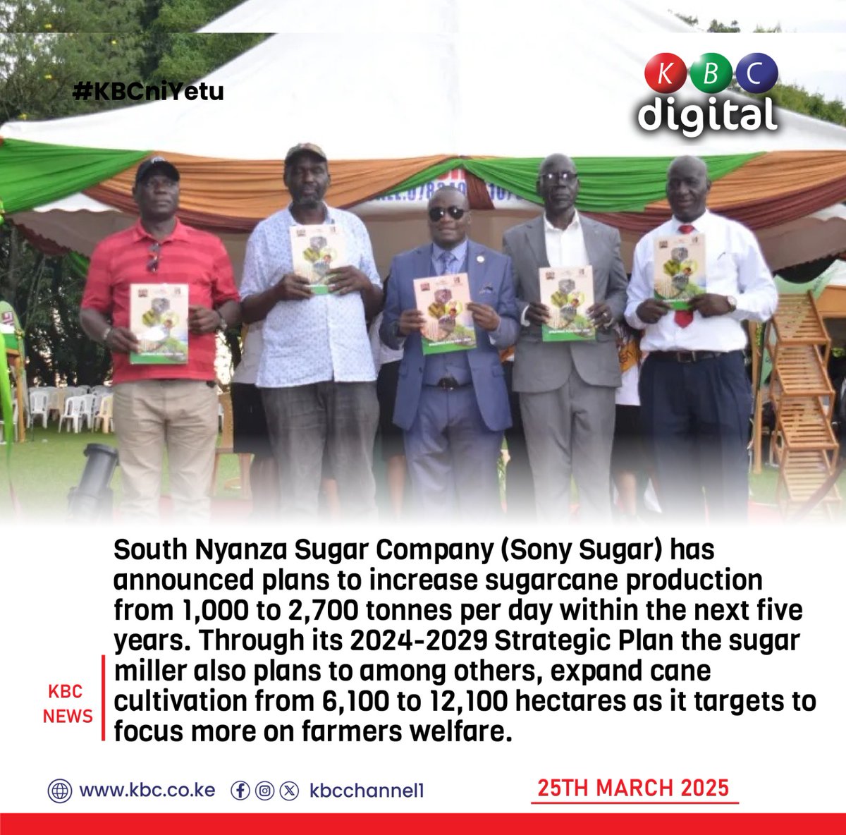 fartcoindesks's tweet photo. South Nyanza Sugar Company (Sony Sugar) has announced plans that will see the sugar miller increase sugarcane production from 1,000 to 2,700 tonne's per day within the next five years. Through its 2024-2029 Strategic Plan, the sugar miller also plans to among others, ^DA
 #IngoFM https://t.co/IAwzFUrJa0