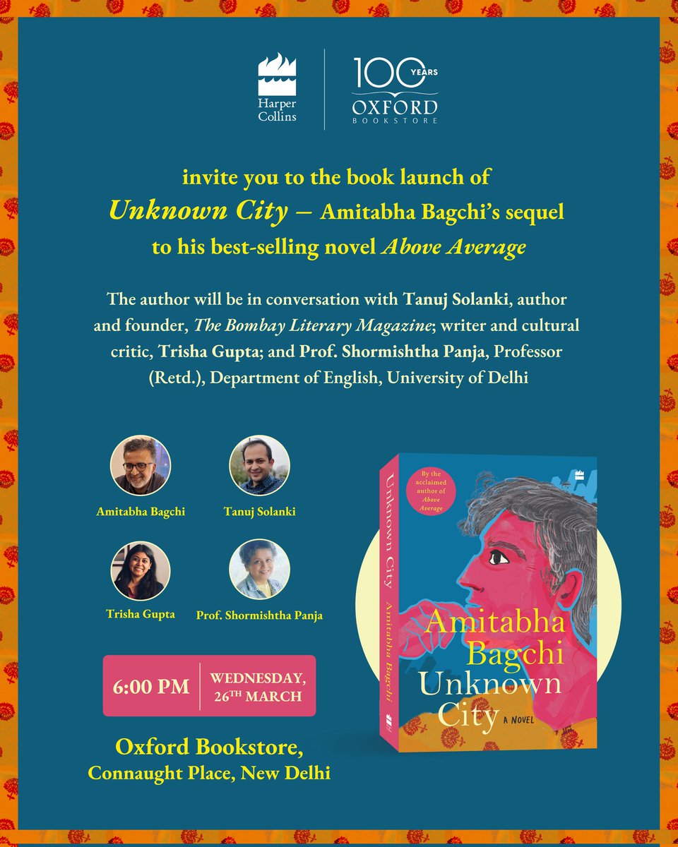 Trisha Gupta (@chhotahazri) on Twitter photo Delhi people, do come by Oxford Bookstore on Wed 26 Mar at 6pm for the launch of #UnknownCity, the new book by <a href="/amitabhabagchi/">Amitabha Bagchi</a>, superb novelist and old friend. Bagchi will be chatting with Prof. Shormishtha Panja and me, with <a href="/tanujsolanki/">Tanuj Solanki</a> moderating. There'll be chai after. Delhi people, do come by Oxford Bookstore on Wed 26 Mar at 6pm for the launch of #UnknownCity, the new book by <a href="/amitabhabagchi/">Amitabha Bagchi</a>, superb novelist and old friend. Bagchi will be chatting with Prof. Shormishtha Panja and me, with <a href="/tanujsolanki/">Tanuj Solanki</a> moderating. There'll be chai after.