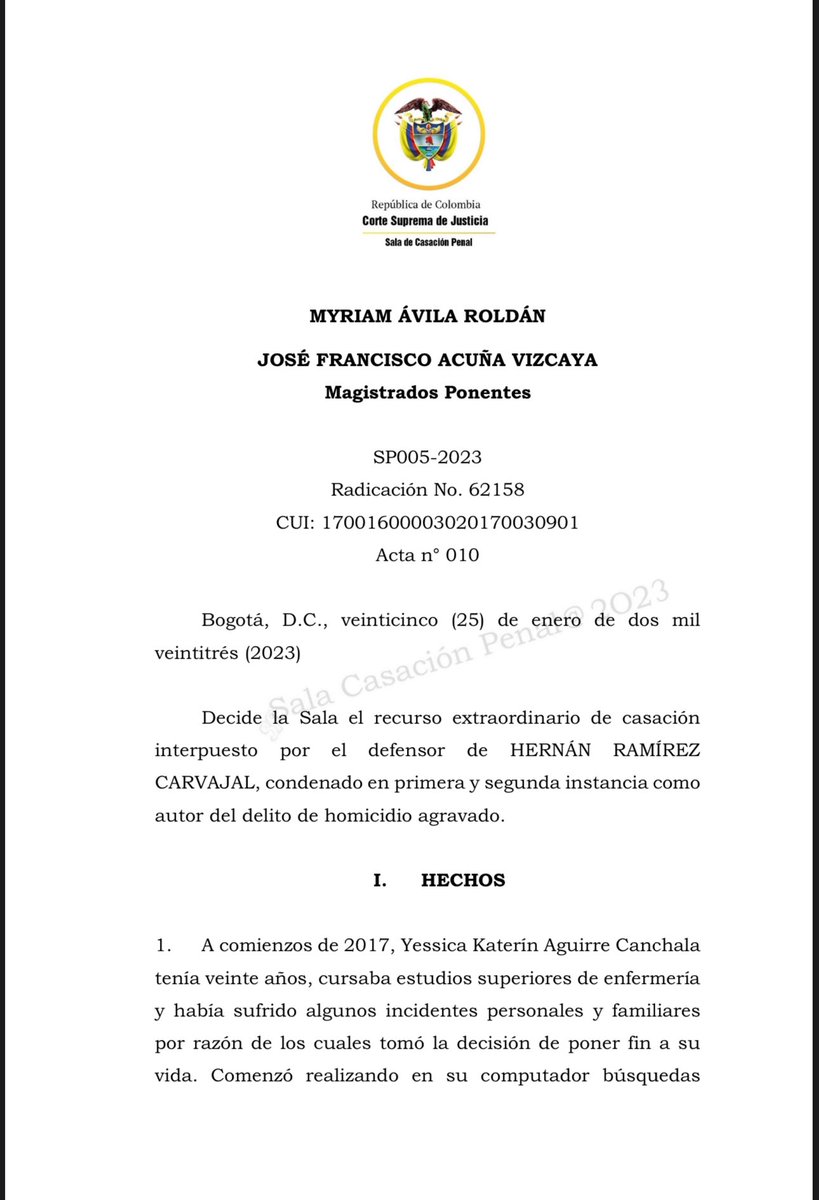 Camilo Andres Rojas Castro (@camilo8rojas) on Twitter photo Corte Suprema de Justicia
M.P. Myriam Ávila Roldán – Salvamento parcial: José Francisco Acuña Vizcaya
SP005-2023 (25/01/2023)
Delimitación entre homicidio y ayuda al suicidio
La <a href="/CorteSupremaJ/">Corte Suprema de Justicia</a> confirma la condena por homicidio agravado contra Hernán Ramírez Carvajal, quien Corte Suprema de Justicia
M.P. Myriam Ávila Roldán – Salvamento parcial: José Francisco Acuña Vizcaya
SP005-2023 (25/01/2023)
Delimitación entre homicidio y ayuda al suicidio
La <a href="/CorteSupremaJ/">Corte Suprema de Justicia</a> confirma la condena por homicidio agravado contra Hernán Ramírez Carvajal, quien
