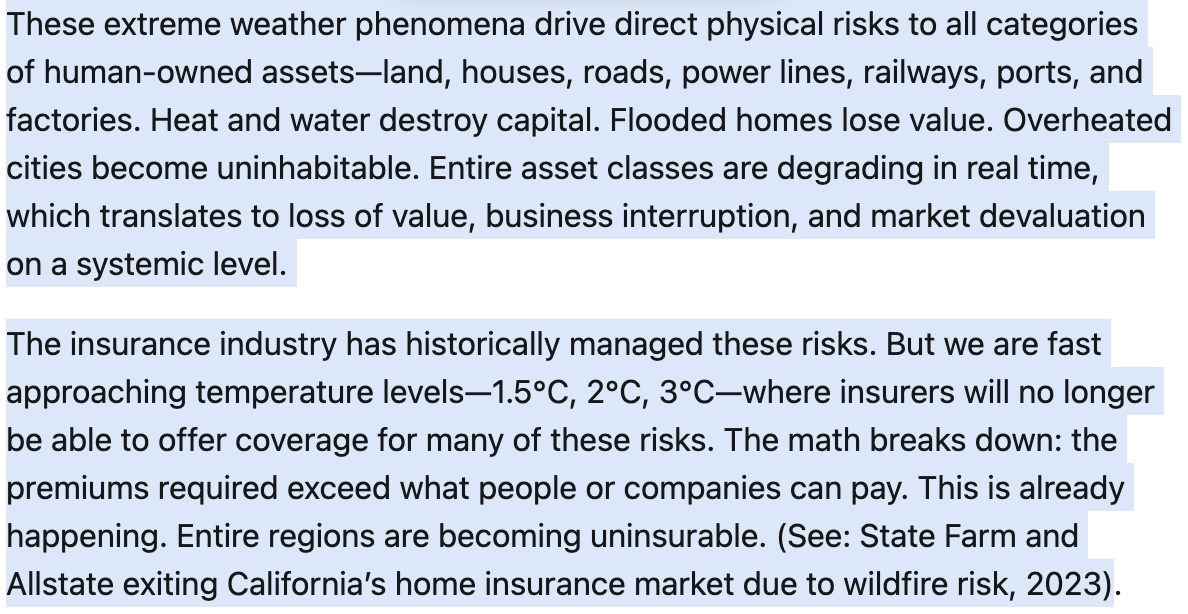Ex CEO of <a href="/Allianz/">Allianz</a> Investment Management explains how #climate = end of insurance as we know it...

'we are fast approaching temperature levels—1.5°C, 2°C, 3°C—where insurers will no longer be able to offer coverage for many of these risks'

linkedin.com/pulse/climate-…