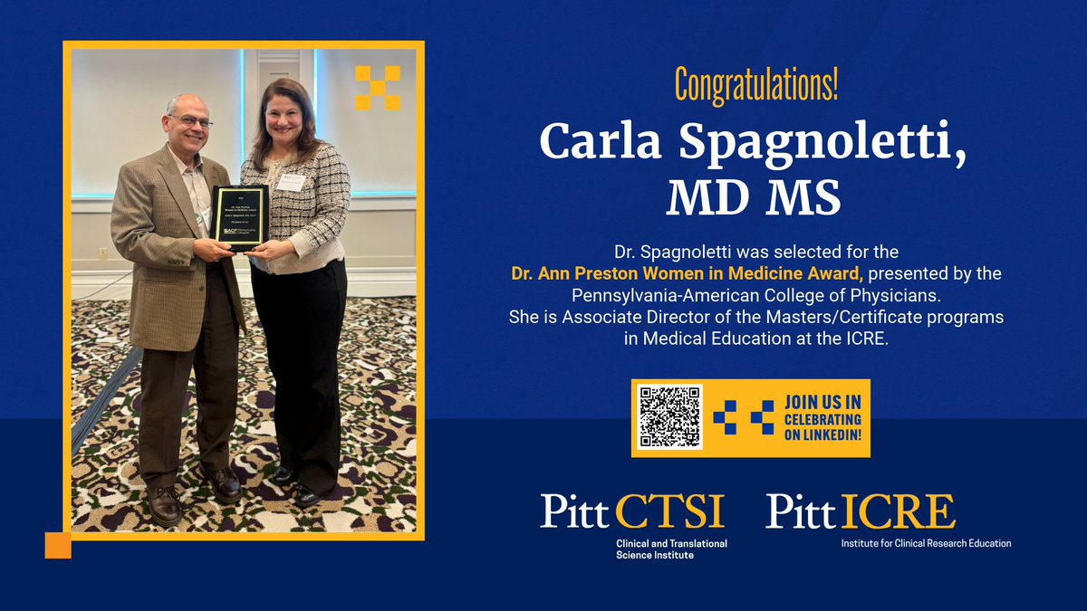 Pitt Institute for Clinical Research Education (@pitticre) on Twitter photo Dr. <a href="/spagcl/">Carla Spagnoletti MD, MS</a>, Associate Director of the Pitt ICRE Medical Education certificate programs, has been honored with the Dr. Ann Preston Women in Medicine Award! 🎊 Congrats, Dr. Spagnoletti! #WomenInMedicine #MedEd Dr. <a href="/spagcl/">Carla Spagnoletti MD, MS</a>, Associate Director of the Pitt ICRE Medical Education certificate programs, has been honored with the Dr. Ann Preston Women in Medicine Award! 🎊 Congrats, Dr. Spagnoletti! #WomenInMedicine #MedEd