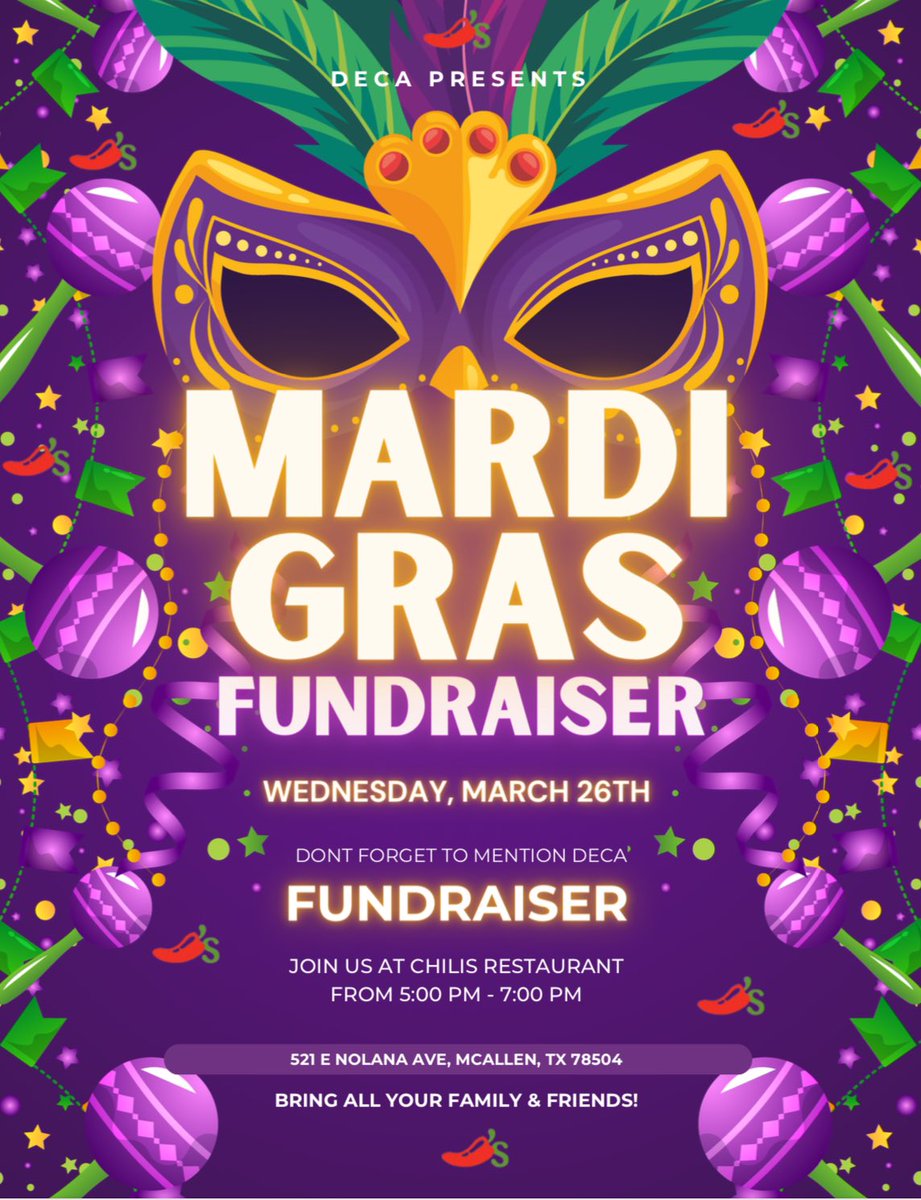 Join us at Chilis Nolana for our Spring Fundraiser tomorrow from 4-7!! <a href="/NRPublications/">Nikki Rowe Yearbook</a> <a href="/Rowe006/">Warrior Nation</a> <a href="/McAllenISDCTE/">McAllen ISD CTE</a> <a href="/McAllenISDCTE/">McAllen ISD CTE</a> <a href="/miriamdelaG/">miriam de la Garza</a> #chilis #deca #mcallen #rowe