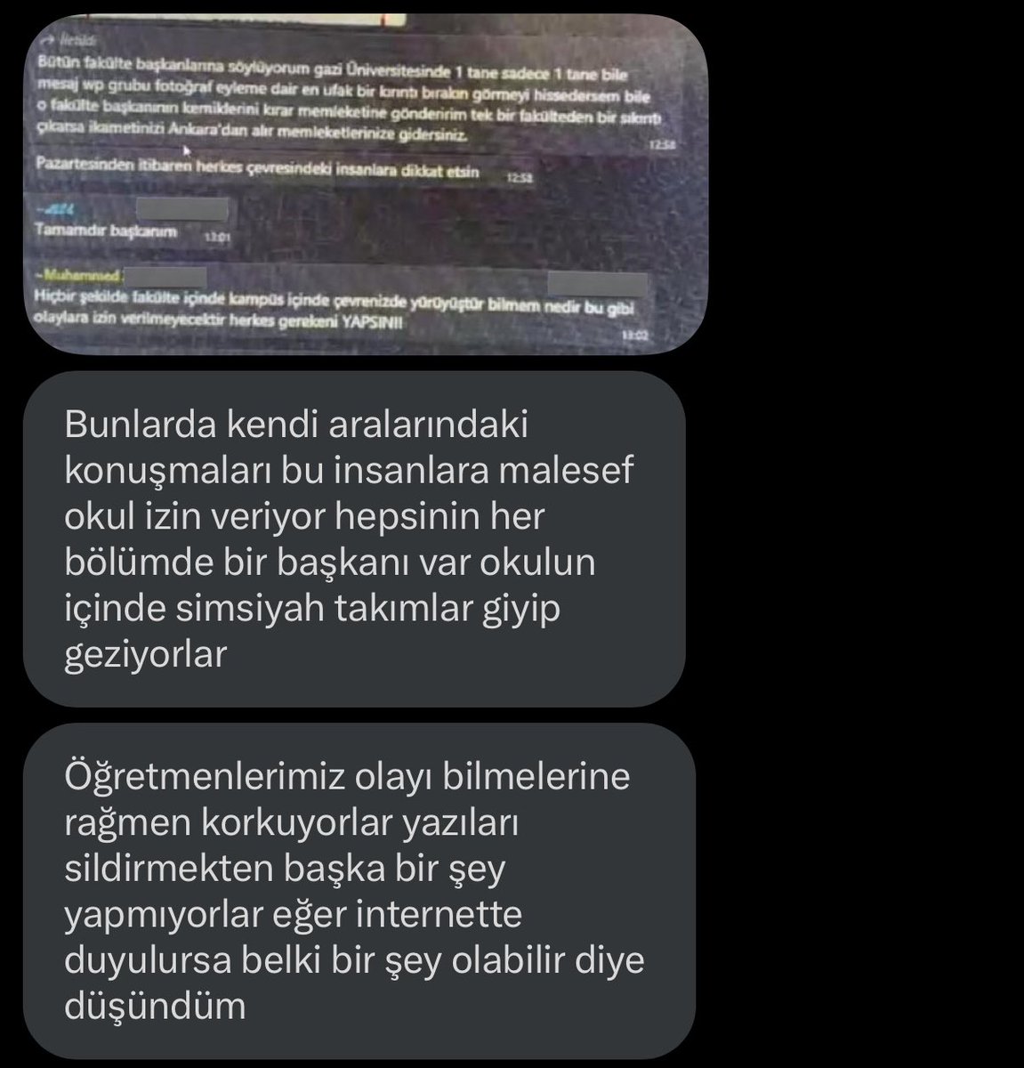 Gazi Üniversitesi’nde öğrencilerin kızlar tuvaletlerine tehditvari yazılar yazılıyor, öğrenciler eylem yaparlarsa zarar görmekle tehdit ediliyor. Bu öğrencilere sahip çıkacak, arkalarında duracak kimse yok mu? Topluluk kuran eşkıya oluyor başımıza