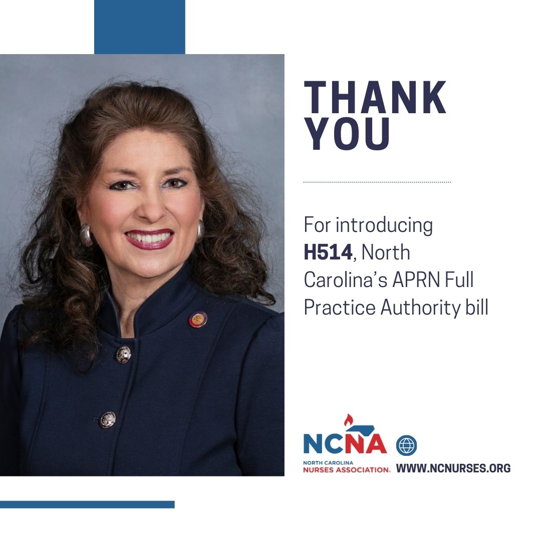 Thanks to <a href="/donna4nchouse/">Rep. Donna McDowell White</a> for introducing H515! Full practice authority for #APRNs will save North Carolina more than $650-million per year while increasing access to quality healthcare.

NCNA strongly endorses this bill. ncleg.gov/BillLookUp/202…

#NursingForward® #NCGA