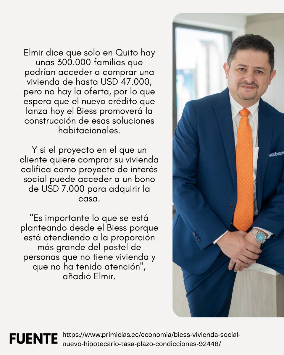 El Biess entra a la competencia en el segmento de vivienda social con un nuevo crédito hipotecario al 4,99%. Daniel Elmir, CEO de Elmir Grupo Inmobiliario, habló con Primicias sobre el impacto de esta iniciativa en el mercado ecuatoriano. 
Lee la entrevista completa aquí 👉