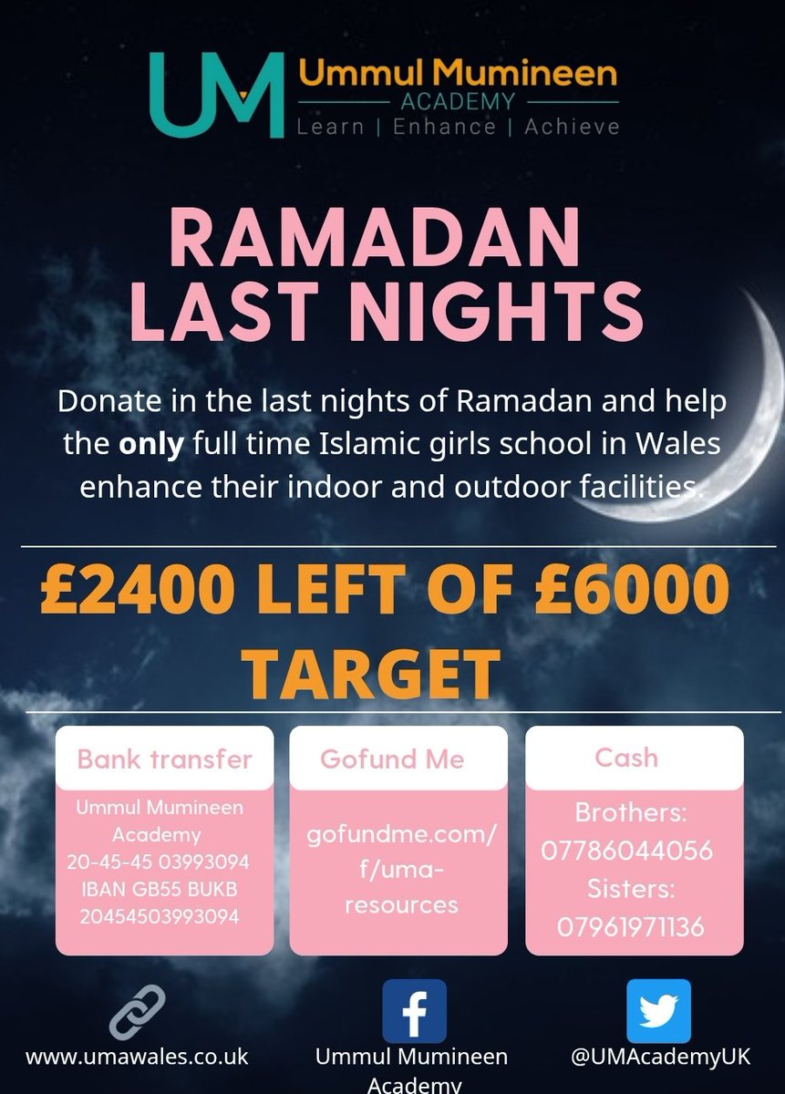 Alhamdulilah as we are coming to the end of this blessed month, we encourage you to donate to our wonderful school Allahumma baarik. 
Alhamdulilah donations contribute to the continuous enhancement and running of our school✨️
May Allah reward you ameen🤲🏻
gofundme.com/f/uma-resources