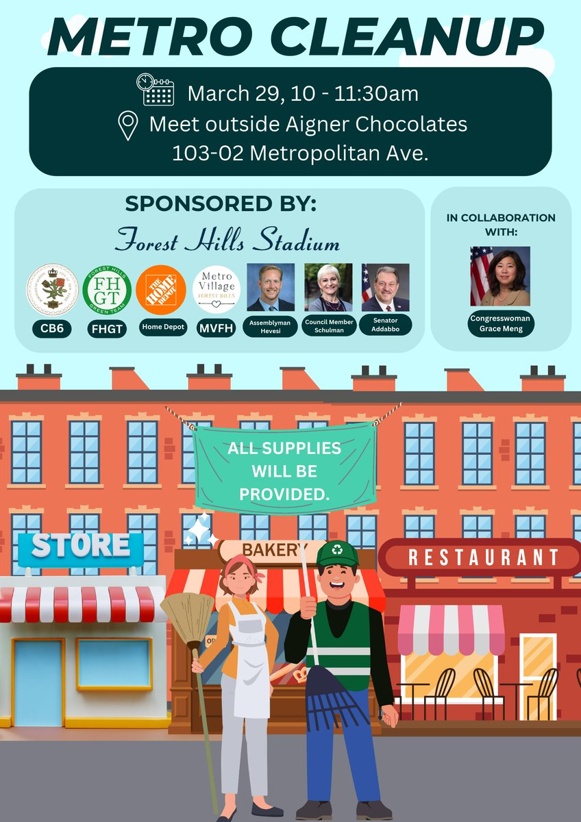 Andrew Hevesi (@am_andrewhevesi) on Twitter photo Forest Hills! We're kicking off this year's neighborhood cleanup series this Saturday. Details below — hope to see you there!
🗓️ March 29
⏲️ 10:00–11:30 AM
📍 Aigner Chocolates (103-02 Metropolitan Ave)
All supplies provided. Contact hevesia@nyassembly.gov with any questions. Forest Hills! We're kicking off this year's neighborhood cleanup series this Saturday. Details below — hope to see you there!
🗓️ March 29
⏲️ 10:00–11:30 AM
📍 Aigner Chocolates (103-02 Metropolitan Ave)
All supplies provided. Contact hevesia@nyassembly.gov with any questions.