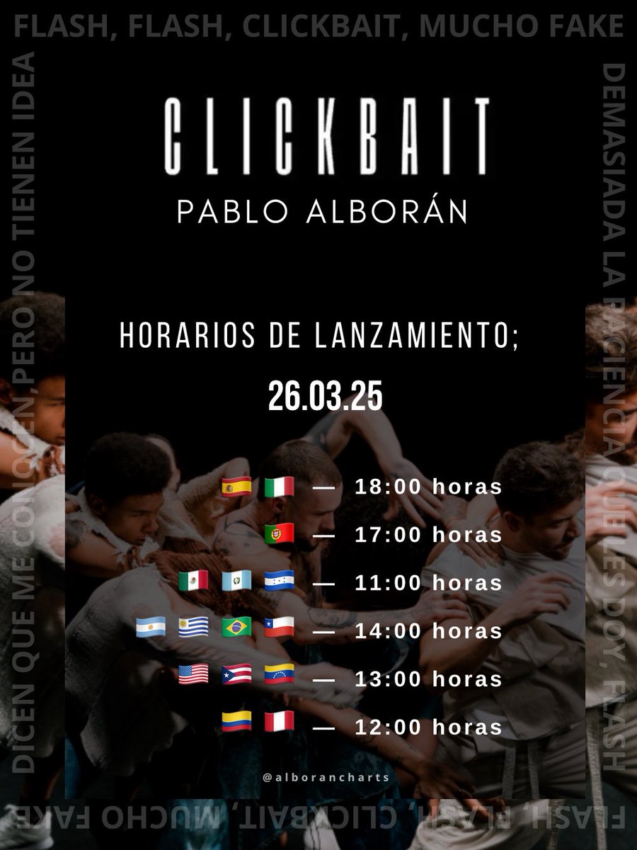 alborancharts's tweet photo. “CLICKBAIT” es el nuevo single de @pabloalboran que podrás disfrutar este miércoles 26 a partir de las 18:00h 🇪🇦.

Checa los horarios de cada país 👇🏻 https://t.co/qROCsUgVZH