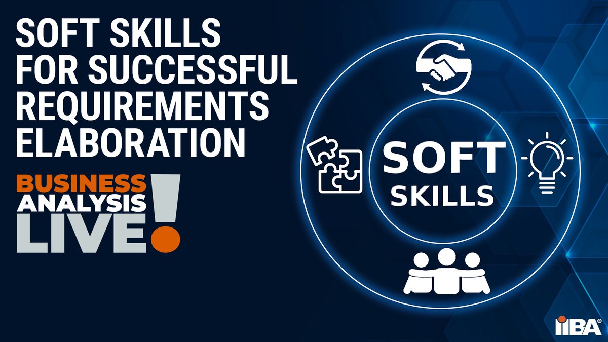 IIBA's tweet photo. 🚨 Stream alert! The next episode of Business Analysis Live is happening TOMORROW! This week, we're exploring the soft skills you need for successful requirements elaboration.
Tune in here: https://t.co/yZdCVPplSZ
#BALive #BusinessAnalysis https://t.co/Yl9Qv7MIVr