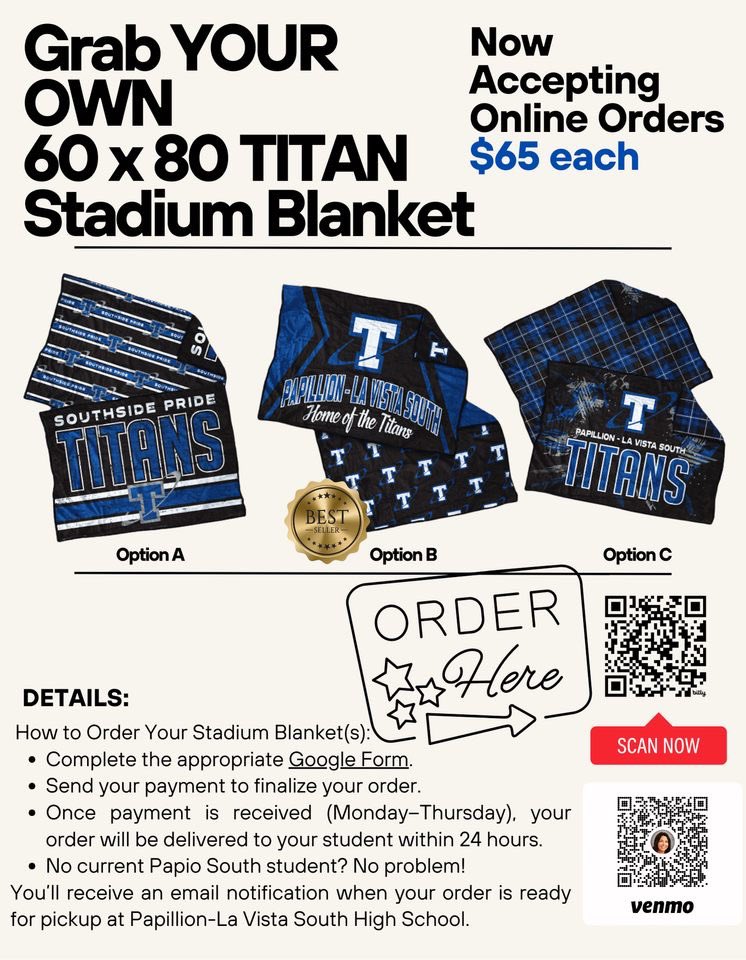 Buy your very own Titan Blanket today! Those long nights of watching spring sports can get chilly and this is the perfect solution! You can use the QR Code or the Google Form Link in the bio to purchase one!