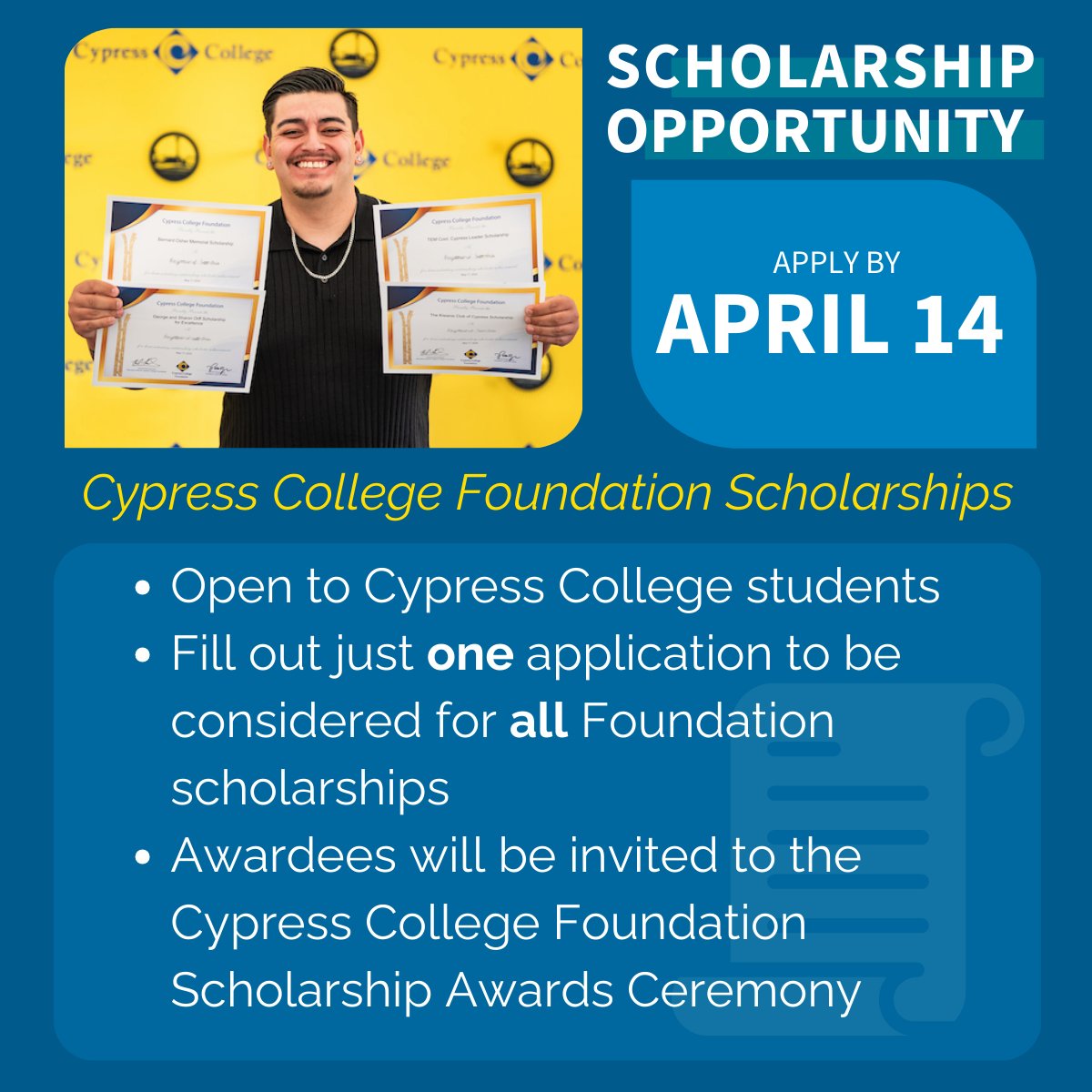 To the <a href="/CypressCollege/">Cypress College</a> students of NOCCCD: Don't miss out on this scholarship opportunity! You only need to complete a single application to be considered for the variety of scholarships offered by the Cypress College Foundation.

🔷 Application info: bit.ly/4j16CtT