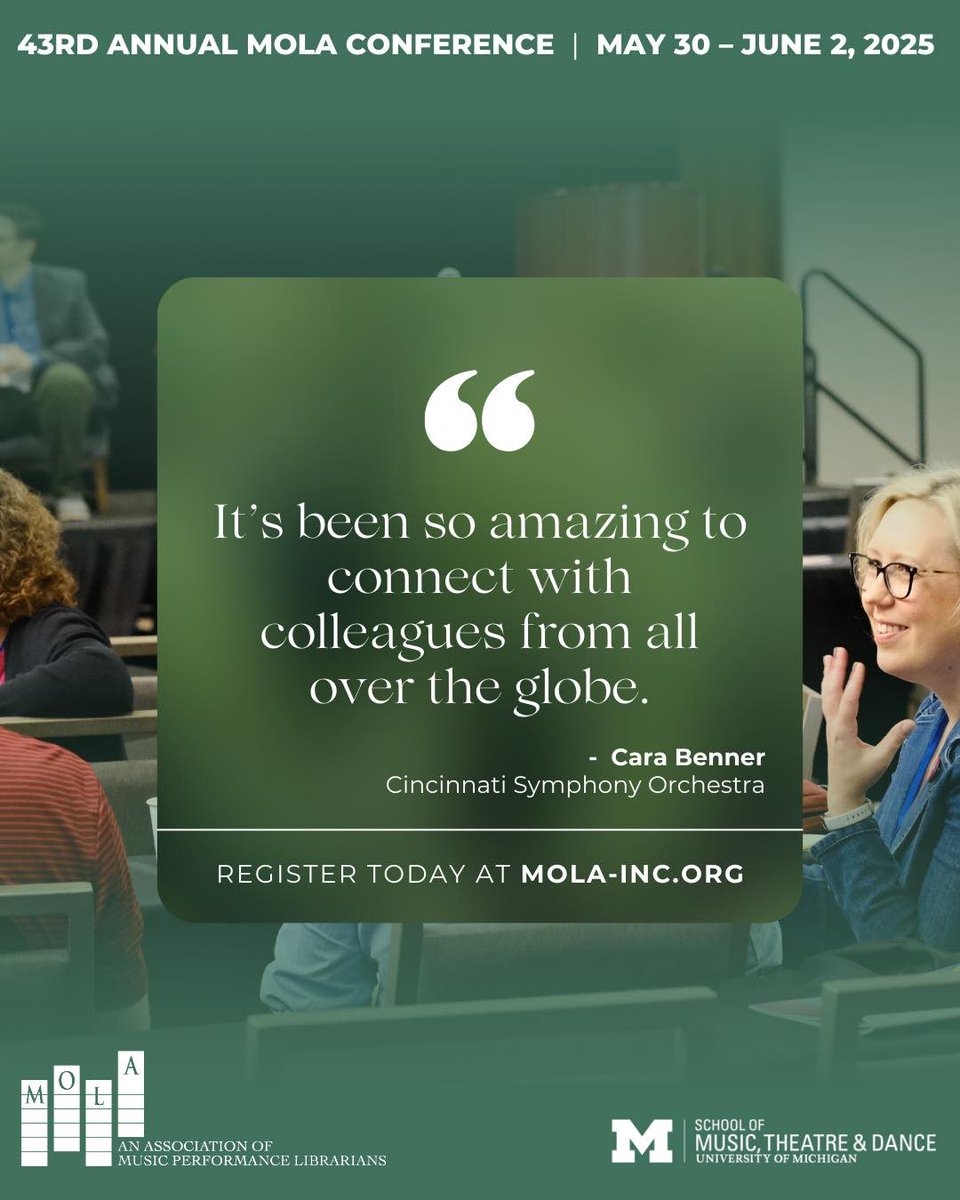 The Annual MOLA Conference is an experience you won’t want to miss—just ask past attendees! Register now to create your own unforgettable memories and connect with a global community of music librarians just like you. Secure your spot today at mola-inc.org.