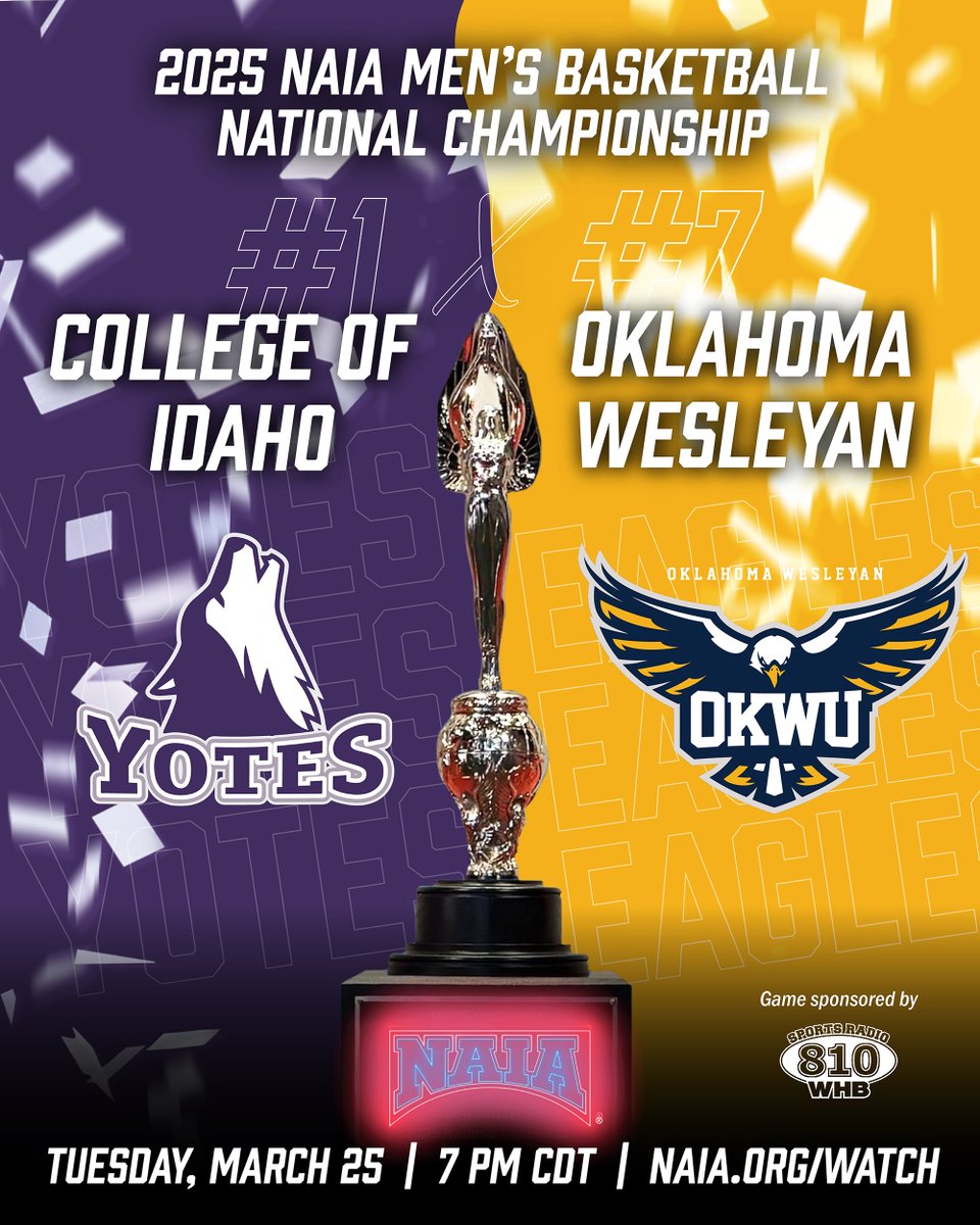 M🏀
One Final Game! The #NAIAMBB season started with 225 teams and only 2 remain as the #BattleForTheRedBanner is crowned tonight!

Will <a href="/YoteAthletics/">College of Idaho Athletics</a> take Red Banner #3 home, or will <a href="/OKWUeagles/">OKWU Eagles Athletics</a> complete the Cinderella run for #2?

Watch the game at naia.org/watch