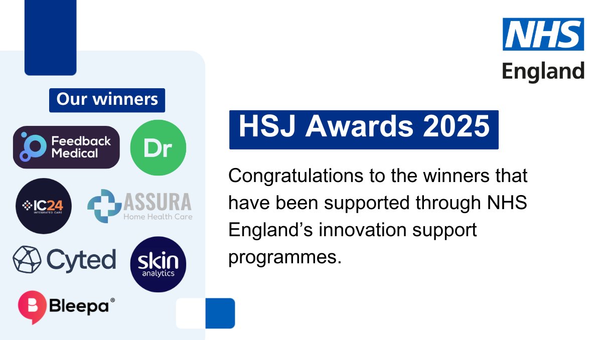 NHS England Transformation (@nhsdigital) on Twitter photo Fantastic achievement from NHS England supported innovators, picking up multiple awards at the <a href="/HSJ_Awards/">HSJ Awards</a>. These innovations have been supported through <a href="/NHS_CEP/">NHS Clinical Entrepreneur Programme</a>, <a href="/sbrihealthcare/">SBRI Healthcare</a>, NHS Innovation Accelerator and the NHS Insites programme. Fantastic achievement from NHS England supported innovators, picking up multiple awards at the <a href="/HSJ_Awards/">HSJ Awards</a>. These innovations have been supported through <a href="/NHS_CEP/">NHS Clinical Entrepreneur Programme</a>, <a href="/sbrihealthcare/">SBRI Healthcare</a>, NHS Innovation Accelerator and the NHS Insites programme.