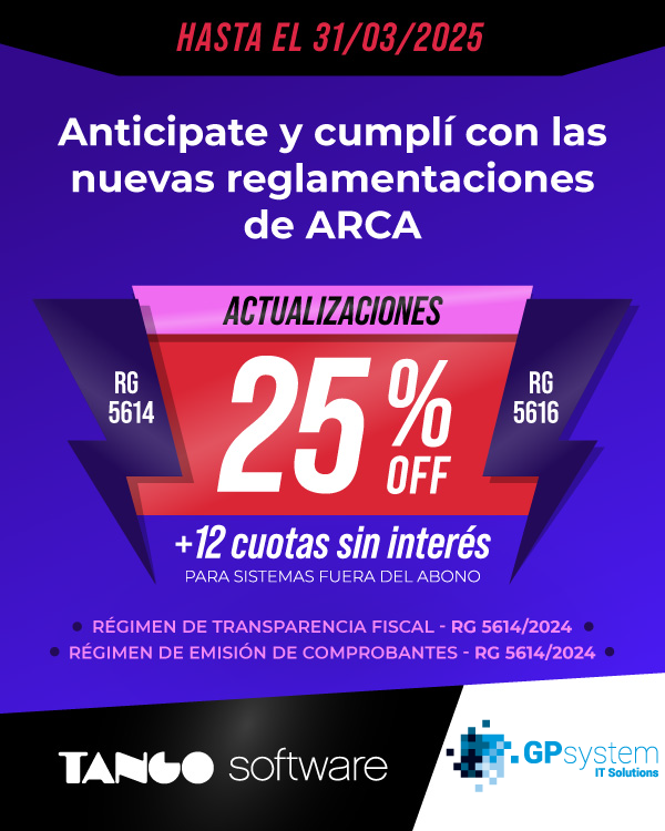 gpsystemit's tweet image. 📢 ¡Anticipate y cumplí con las nuevas reglamentaciones de ARCA! En GPsystem podemos ayudarte. 

SI tu sistema no esta al día, actualízalo con un 25% OFF y 12 cuotas sin interés hasta el 31/03/2025

#TangoSoftware #SoporteTango #TangoGestion #RG5614 #ARCA #SoftwareContable #Axoft