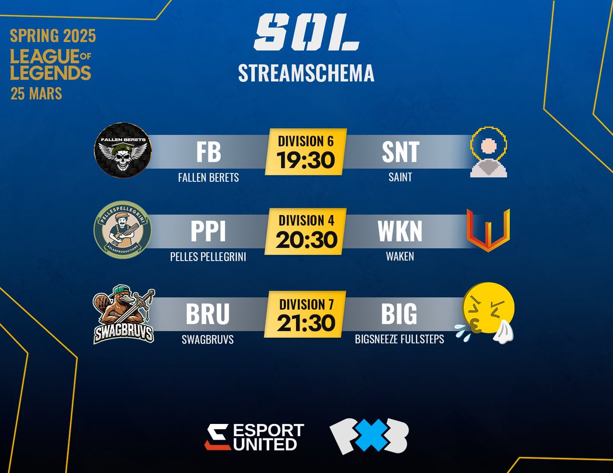 📢 SOL LoL Spring 2025 | Streamschema Div 4-7 🚨

Det är talangtisdag och lagen i division 4-7 slåss om de sista poängen i säsongens sista grundspelsomgångar!

Kvällen bjuder på 3 matcher från division 4, 6 och 7! 🔥

🎙 <a href="/hat_casts/">hatten</a>  &amp; <a href="/r0bzk1/">robzki</a> 
📺 twitch.tv/svenskaonlinel…