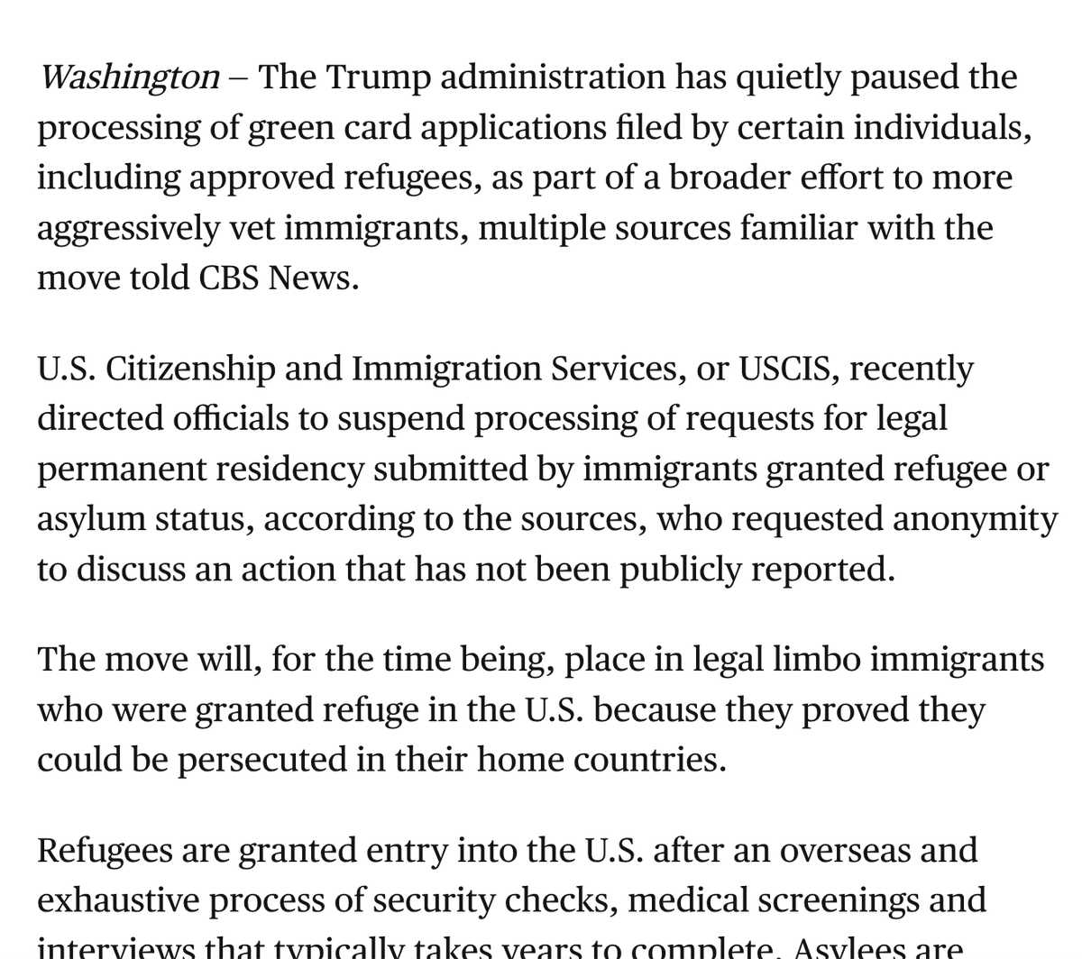 DHS is suspending green card applications for people who are already living in the US with asylee or refugee status! These applications have insane wait times already, and Trump is freezing them solely to make it easier to deny the applications and deport them.