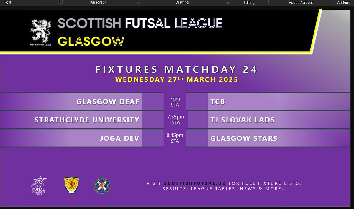 SFL Glasgow (@sflglasgow) on Twitter photo SFL Glasgow | Wednesdayβs Fixtures
πΌ First matches of our Spring Cup!
π§πΌβπ Students face Slovaks for a cup Final place
π¦πΌ Youth v experience for a cup final place, who will prevail?
<a href="/ScottishFutsal/">Scottish Futsal</a> SFL Glasgow | Wednesdayβs Fixtures
πΌ First matches of our Spring Cup!
π§πΌβπ Students face Slovaks for a cup Final place
π¦πΌ Youth v experience for a cup final place, who will prevail?
<a href="/ScottishFutsal/">Scottish Futsal</a>