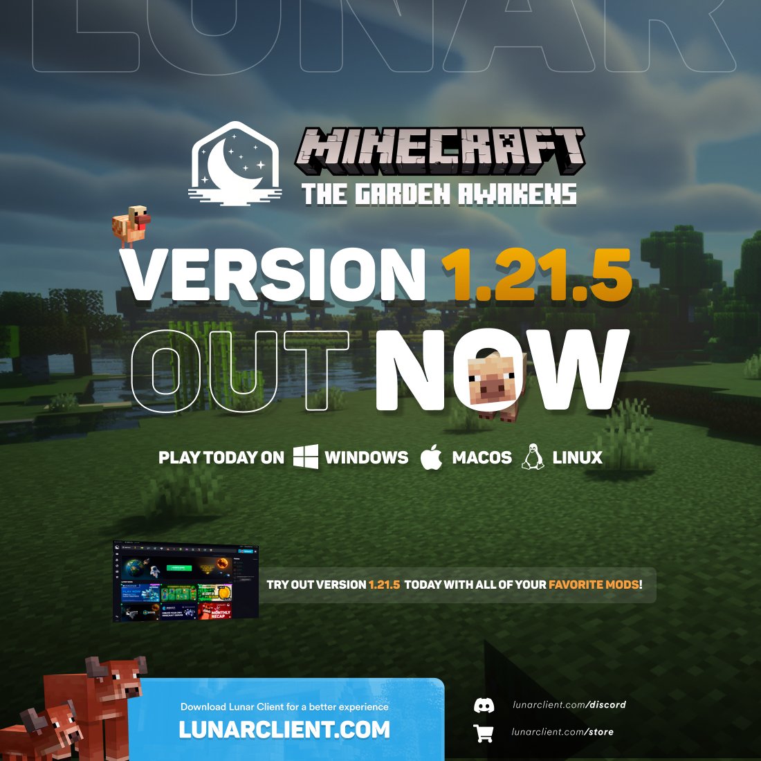 We already have support for Minecraft: 1.21.5 🎉 

Jump into the update today with all your favorite mods and cosmetics 📷 

Download Lunar Client at lunarclient.com/download 📷 ⬇️