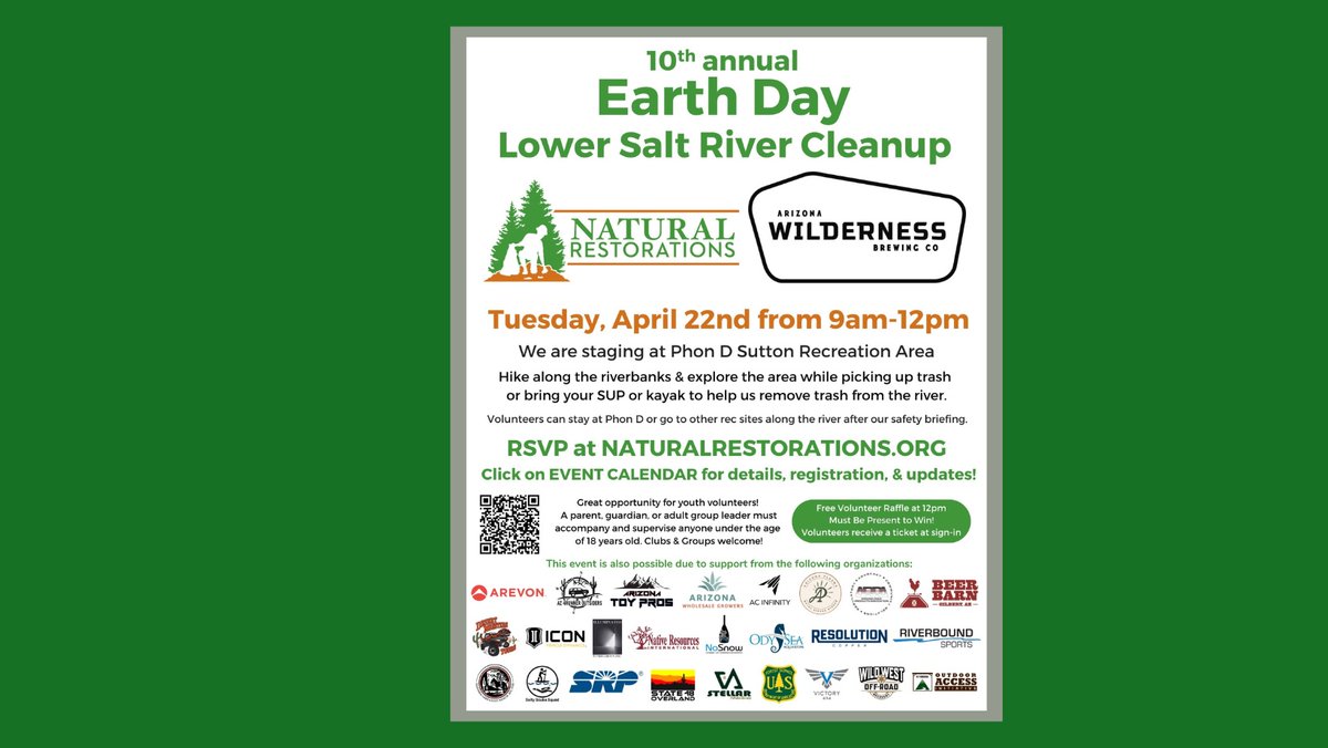 Join us as we partner with <a href="/AZWildernessCo/">Arizona Wilderness Brewing</a> for our 10th annual Earth Day Lower Salt River Cleanup on the <a href="/TontoForest/">Tonto National Forest</a> on Tuesday, April 22nd from 9-12: eventbrite.com/e/129750227723…