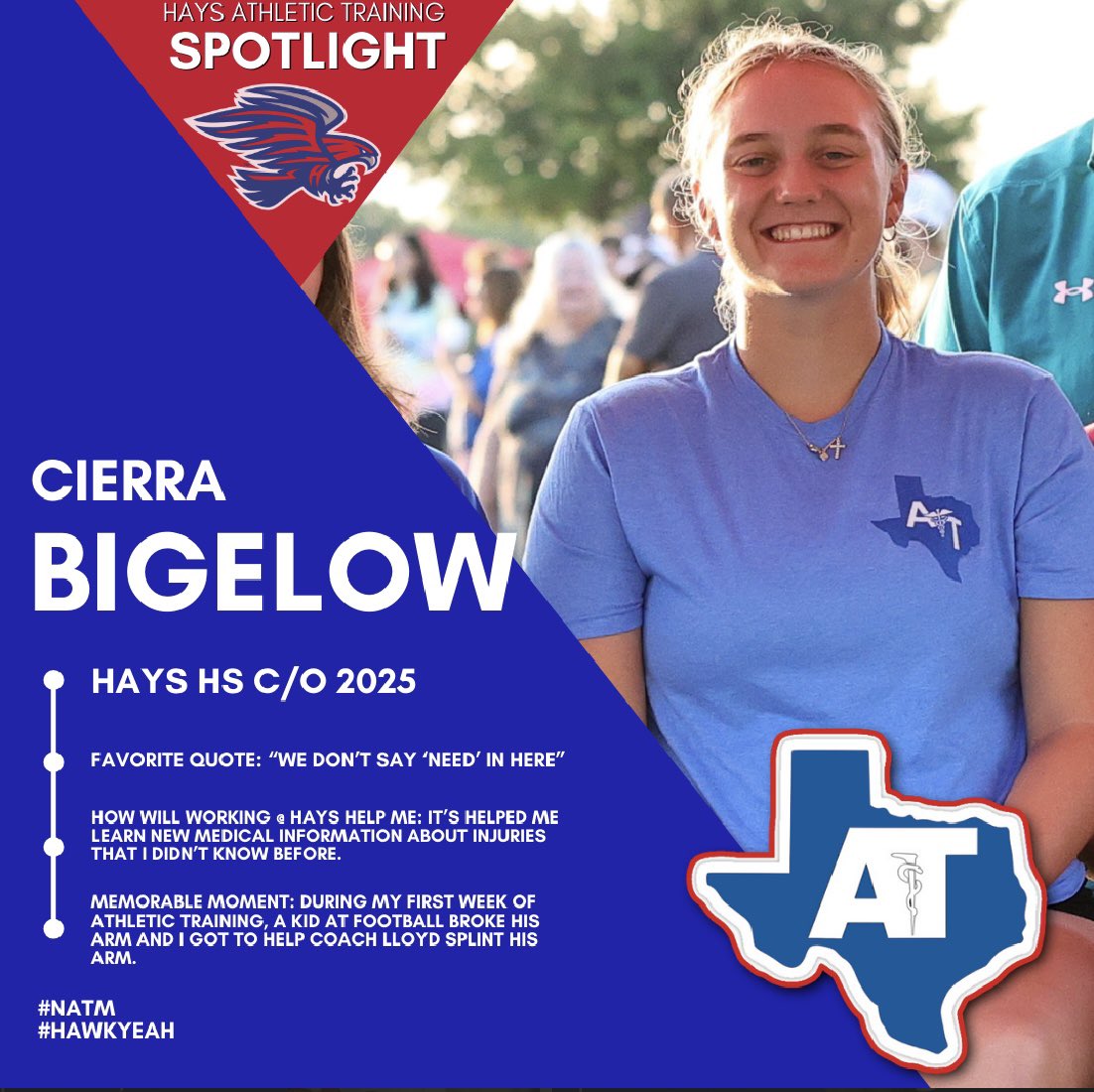 HHS_AthTraining's tweet image. NATM senior spotlight today: Cierra Bigelow. Cierra came in as an injured sophomore and just loved us so much she joined A.T. Cierra is going to play Golf at the next level while studying sports management! We will miss her great attitude and work ethic! #NATM #hawkyeah