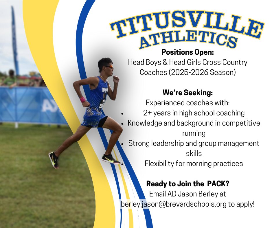 Titusville High School (@titusvillehs) on Twitter photo Cross Country Coaches needed! Please share with anyone you know who might be interested. Email Jason Berley at berley.jason@brevardschools.org to apply. Cross Country Coaches needed! Please share with anyone you know who might be interested. Email Jason Berley at berley.jason@brevardschools.org to apply.