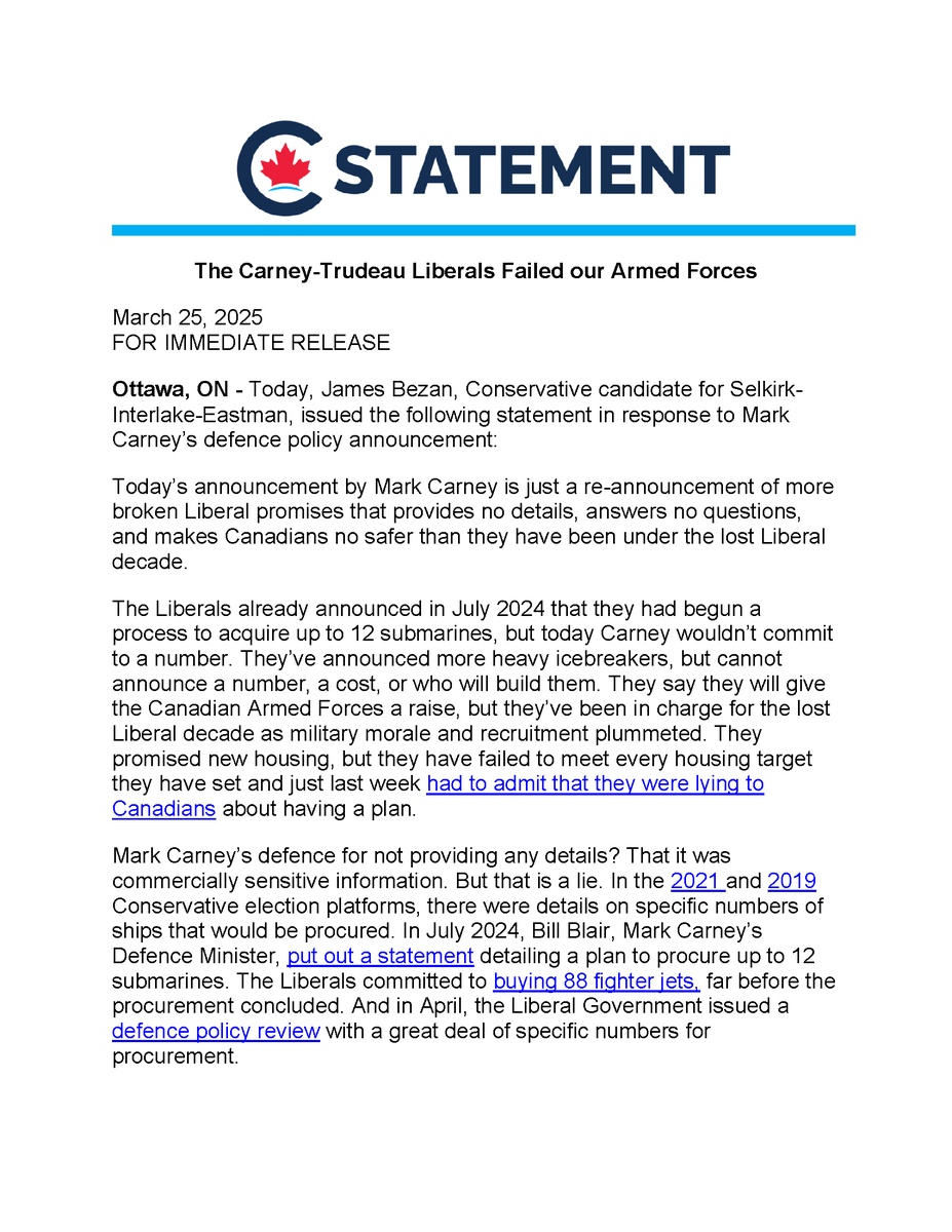 jamesbezan's tweet photo. 🚨BREAKING 🚨
My statement in response to Mark Carney's defence policy announcement: https://t.co/Lv6vV9RIIj
Visit https://t.co/NxnJeXRGzH to be able to click the links embedded in the statement for more information! https://t.co/G8HcHBeHci