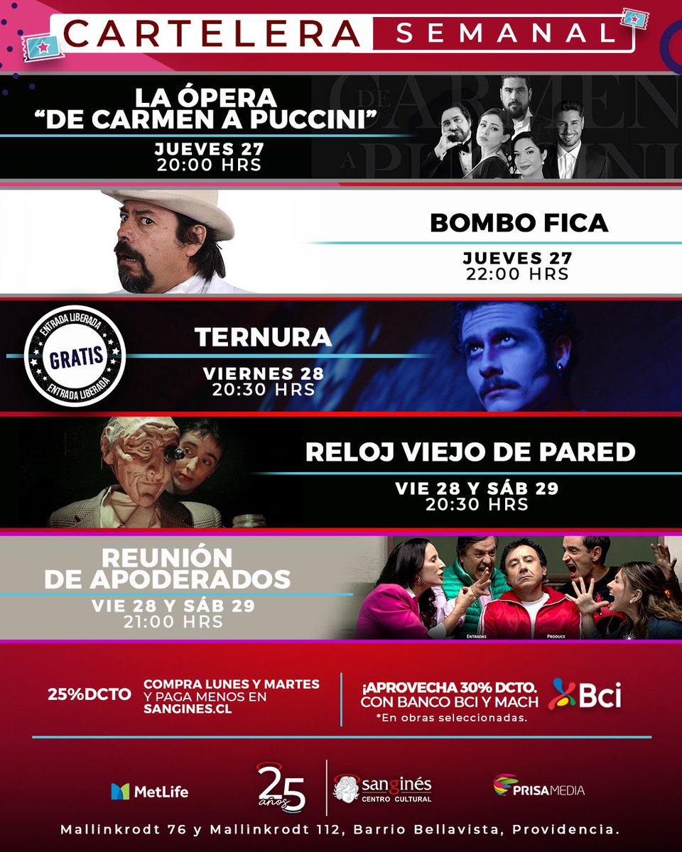 CARTELERA SEMANAL ¡Tu panorama está aquí! 🍁🍂
🎟️ticketmaster.cl | sangines.cl