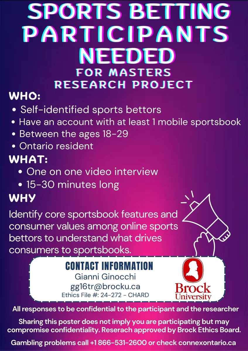 gino_key's tweet photo. Hello chat, here at @gino_key, we’re looking for participants for a masters research project. I’m looking for any youngsters in Ontario that sports bet and feel like telling me a little about themselves. If you’re not into that kind of thing, a retweet would help too! DM for info https://t.co/pzCnGPfpIz