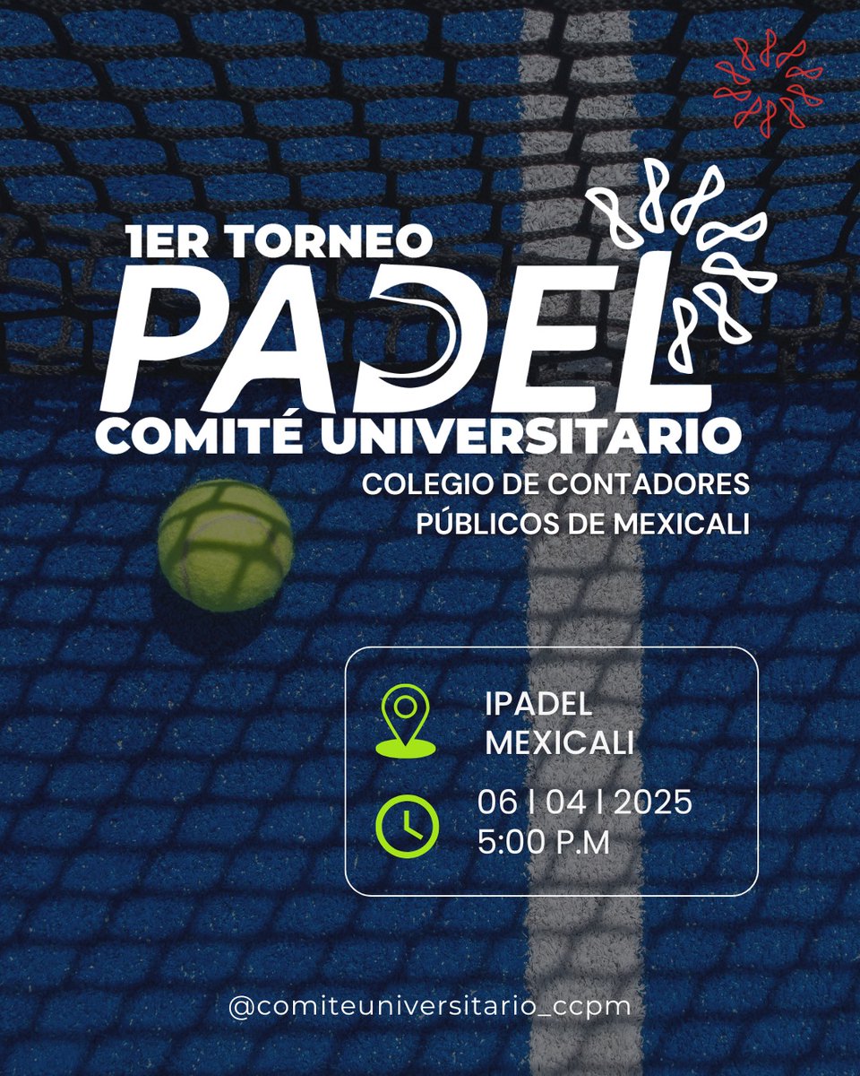 CCPM5's tweet photo. ¡Participa en el 1er Torneo de Pádel del Comité Universitario CCPM!
Inscríbete aquí: https://t.co/njkFp6N1wG
Lugar: IPADEL Mexicali
Fecha: 6 de abril de 2025
Hora: 5:00 p.m.
Inscripción: $1,200.00 por pareja. https://t.co/34DHUq5jKX