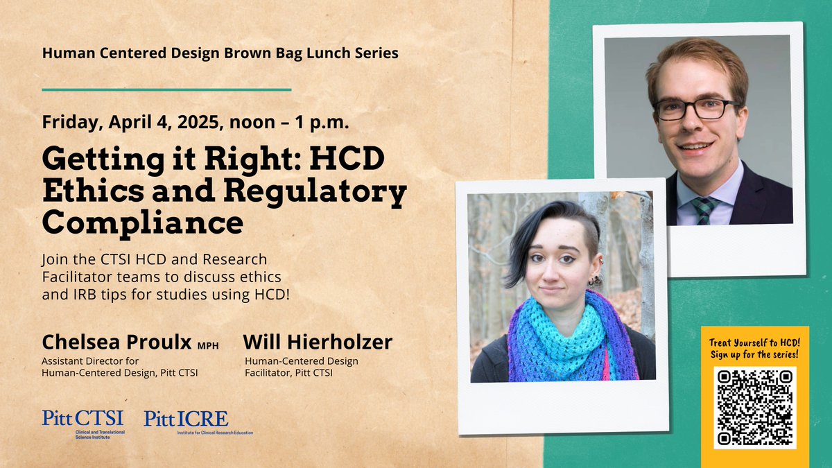Pitt Institute for Clinical Research Education (@pitticre) on Twitter photo Navigating ethics & IRB in #HumanCenteredDesign? Join Chelsea Proulx & <a href="/WillHierholzer/">Will Hierholzer</a> tomorrow at noon for expert insights!
📅 Register now to join us on Zoom: pitt.zoom.us/meeting/regist… Navigating ethics & IRB in #HumanCenteredDesign? Join Chelsea Proulx & <a href="/WillHierholzer/">Will Hierholzer</a> tomorrow at noon for expert insights!
📅 Register now to join us on Zoom: pitt.zoom.us/meeting/regist…