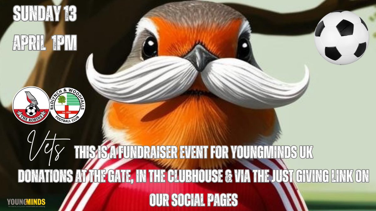 DowntonFC's tweet photo. 5th time lucky?? Surely this time our vets charity fundraising match will go ahead! Join us on Sunday 13th April 1pm ko and get behind our distinguished gents as they take on @AndRedlynch.  BBQ to follow, clubhouse screening live sports. Proceeds to @YoungMindsUK 

Up the Robins! https://t.co/gfehlCPpj3