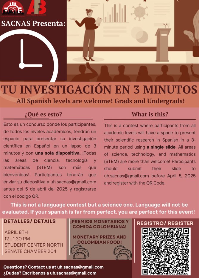 Join us on April 8th for a 3-Minute Thesis competition in Spanish! Submit your slide and abstract by April 5th to compete for a monetary prize.