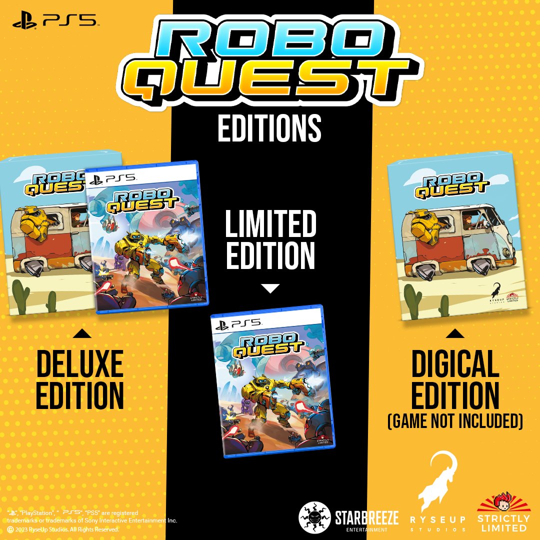 SLG is bringing Roboquest to PS5!

⚡ USK: Reversible cover (no ratings) + ENG / GER manual
⚡ PEGI: Manual in EN, FR, IT &amp; SP
⚡ Digical Deluxe Edition (extras only, no game)

📅 Ships May 27, 2025
💰 LE – €34.99 | DE – €59.99 | Digical – €29.99

ecs.page.link/bYgtw
