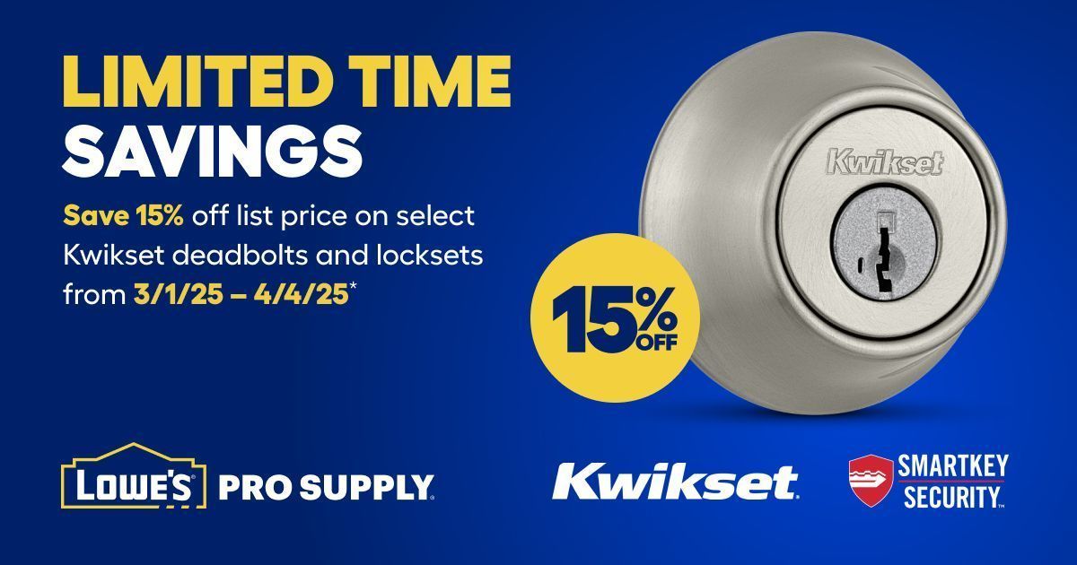 LowesProSupply's tweet image. Kwikset is the trusted choice for durable, high-quality security solutions. March 1, 2025 — April 4, 2025, save 15% on select Kwikset deadbolts and locksets. Visit lps.pro/4kVhivS to shop now. 

#Kwikset
#Tylo
#Locksets
#Deadbolts
#WeSupplyThePros
#LowesProSupply