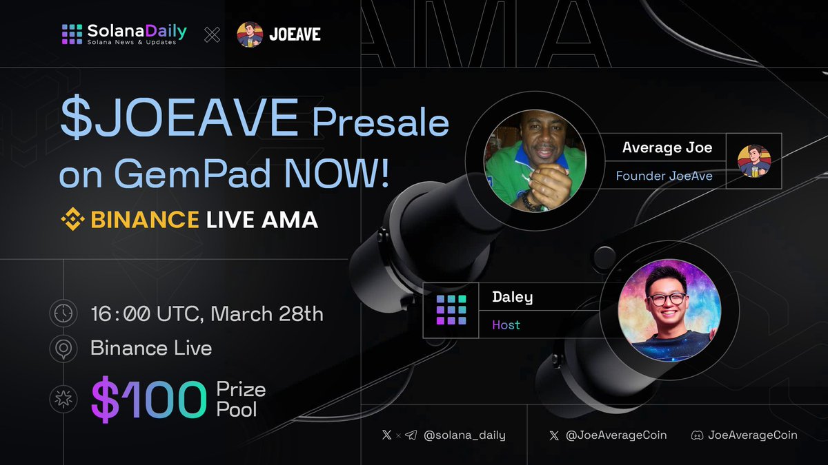 solana_daily's tweet photo. Join us on a #Binancelive AMA with @JoeAverageCoin!

📍 Venue: https://t.co/iEP7saDWXR

🗓 Mar 28th, 16:00 UTC

💰$100 #Giveaways ⬇️

1️⃣ Follow @JoeAverageCoin 
2️⃣ Ask questions on X!
3️⃣ Like &amp; RT

#Sponsored https://t.co/ZZwIzNj5Rg