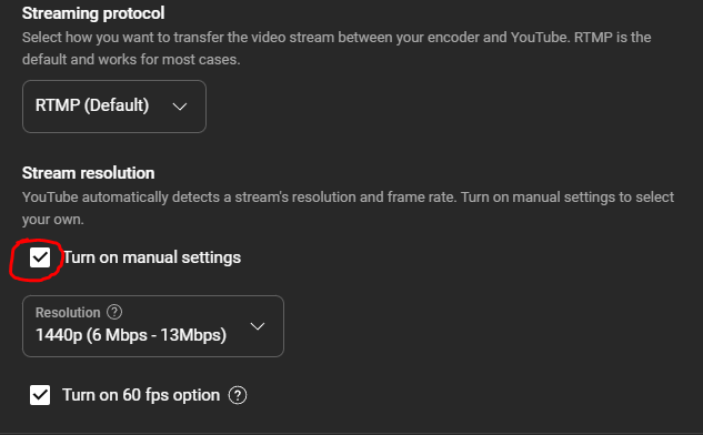 For all creators who stream on YouTube, here's a neat trick to improve video quality if you stream in 1080p or lower.

When creating YT stream key, check option "Turn on manual settings" and select 1440p. This makes YouTube use the VP9 instead of the default AV1 codec.
#Vtuber