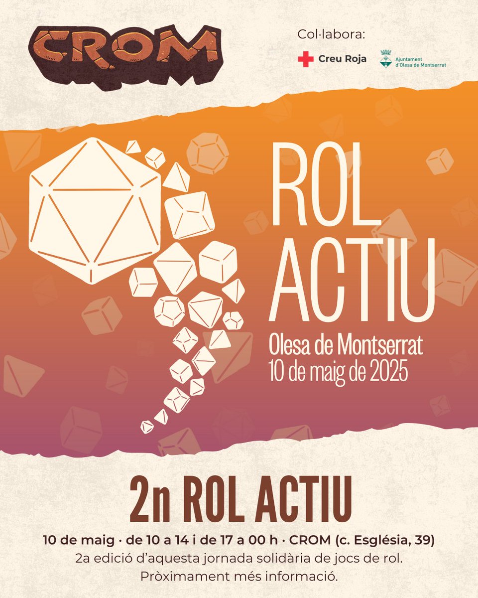 Després de dos anys, el CROM torna a organitzar el seu aplec més solidari: #RolActiu!
#Olesa #rolencatalà #jocderol #jocdetaula #solidaritat
(1/4)