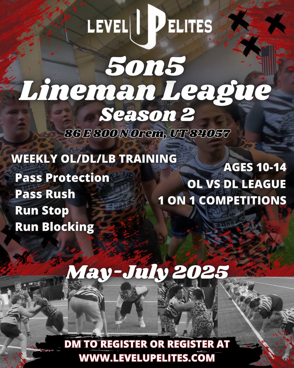 Powerhouse Training - UT (@kanuch78) on Twitter photo Registration for Lineman League Season 2 begins now!!
.
Ages 10-14 (younger players need to be cleared by Coach Tuni.)
.
DM for information or to register.
<a href="/levelupelites/">Level Up Elites</a> Registration for Lineman League Season 2 begins now!!
.
Ages 10-14 (younger players need to be cleared by Coach Tuni.)
.
DM for information or to register.
<a href="/levelupelites/">Level Up Elites</a>