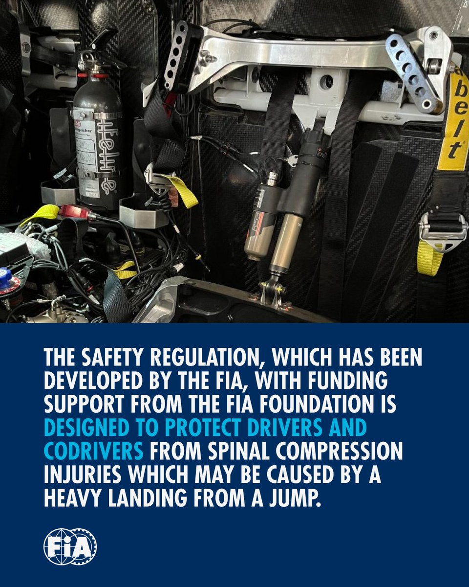 fia's tweet image. The FIA Impact Damper sets a new standard in safety, offering up to 50% better protection against spinal injuries. First installed on the Dacia Sandriders at the Rallye du Maroc 2024, it has been optional since then and will be mandatory for all new T1+ vehicles from 2027.

Learn…