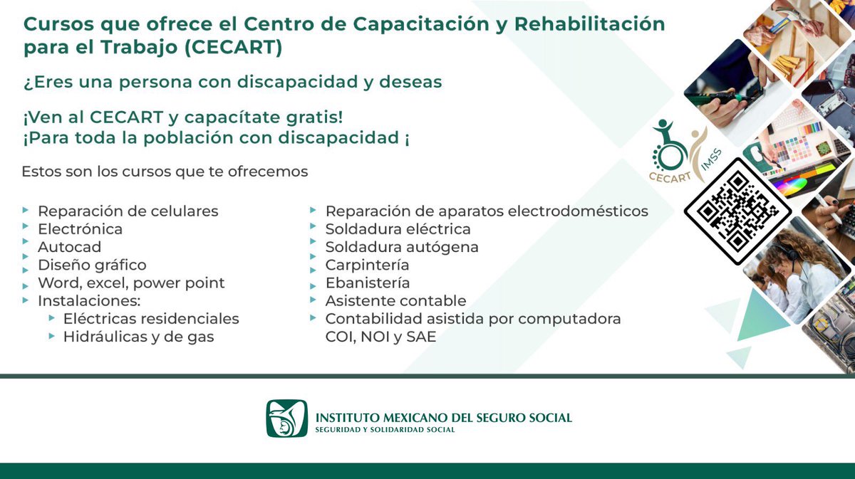 IMSSChihuahua's tweet photo. 📢 Capacitación gratis para personas con discapacidad. ♿️
#CECART | Escanea el Código QR y empieza tu formación. 📲 https://t.co/0UqgZsbSTH