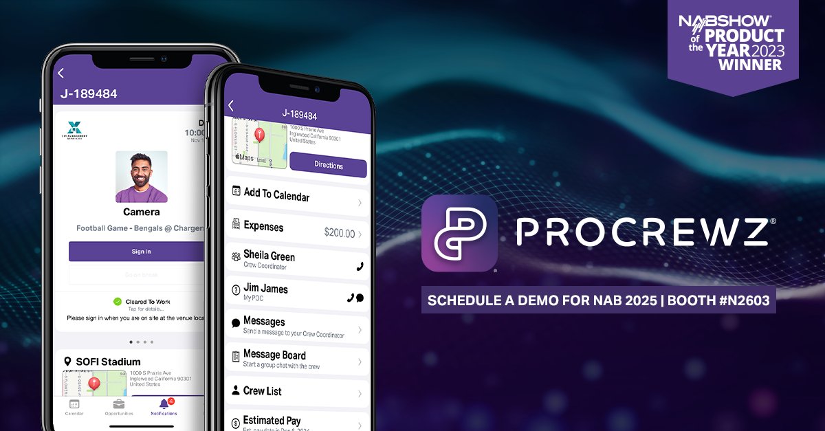ProgramProd's tweet image. Calling all @NABShow 2025 attendees! Visit us at Booth N2603 to see ProCrewz® in action. This platform takes the hassle out of crew management with a powerful mobile app. Email info@procrewz.com to schedule your demo. Bookmark our booth: shorturl.at/LZ71F #NABShow