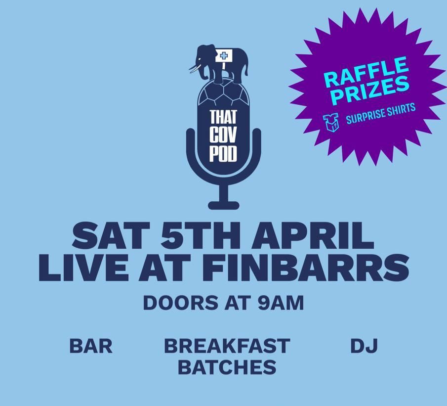 That Cov Pod (@thatcovpod) on Twitter photo π THAT COV POD LIVE π
Come and see us for a live show <a href="/StFinbarrsCov/">St Finbarrs GAA Club</a> before the Burnley game!
- Open from 9am
- Show starts at 10.30am
- Prizes to be won
Reserve your free tickets now! π©΅
eventbrite.com/e/that-cov-podβ¦
#PUSB π THAT COV POD LIVE π
Come and see us for a live show <a href="/StFinbarrsCov/">St Finbarrs GAA Club</a> before the Burnley game!
- Open from 9am
- Show starts at 10.30am
- Prizes to be won
Reserve your free tickets now! π©΅
eventbrite.com/e/that-cov-podβ¦
#PUSB