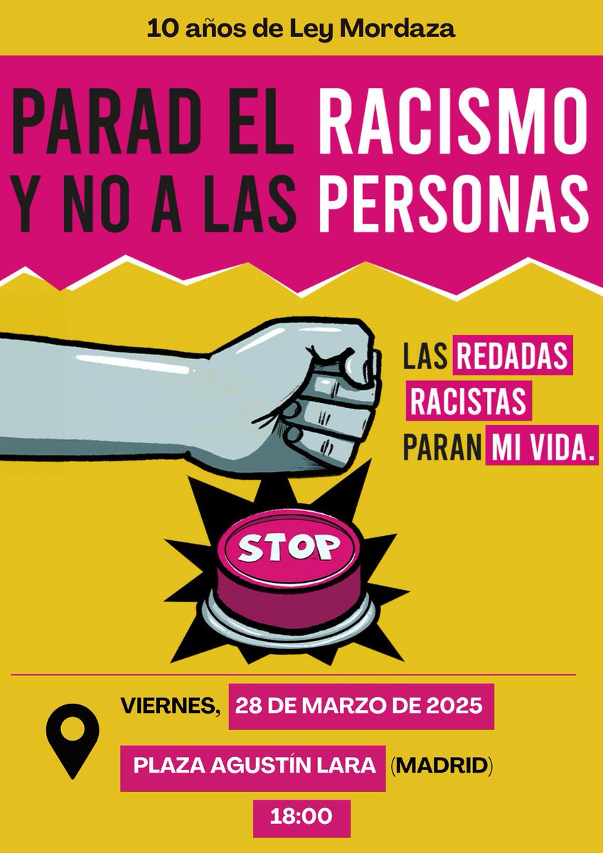 Este viernes 28 a las 18hs en la Plaza Agustín Lara #ParadElRacismo
Os invitamos a participar en este acto en el que exigimos el fin del perfilamiento racial.