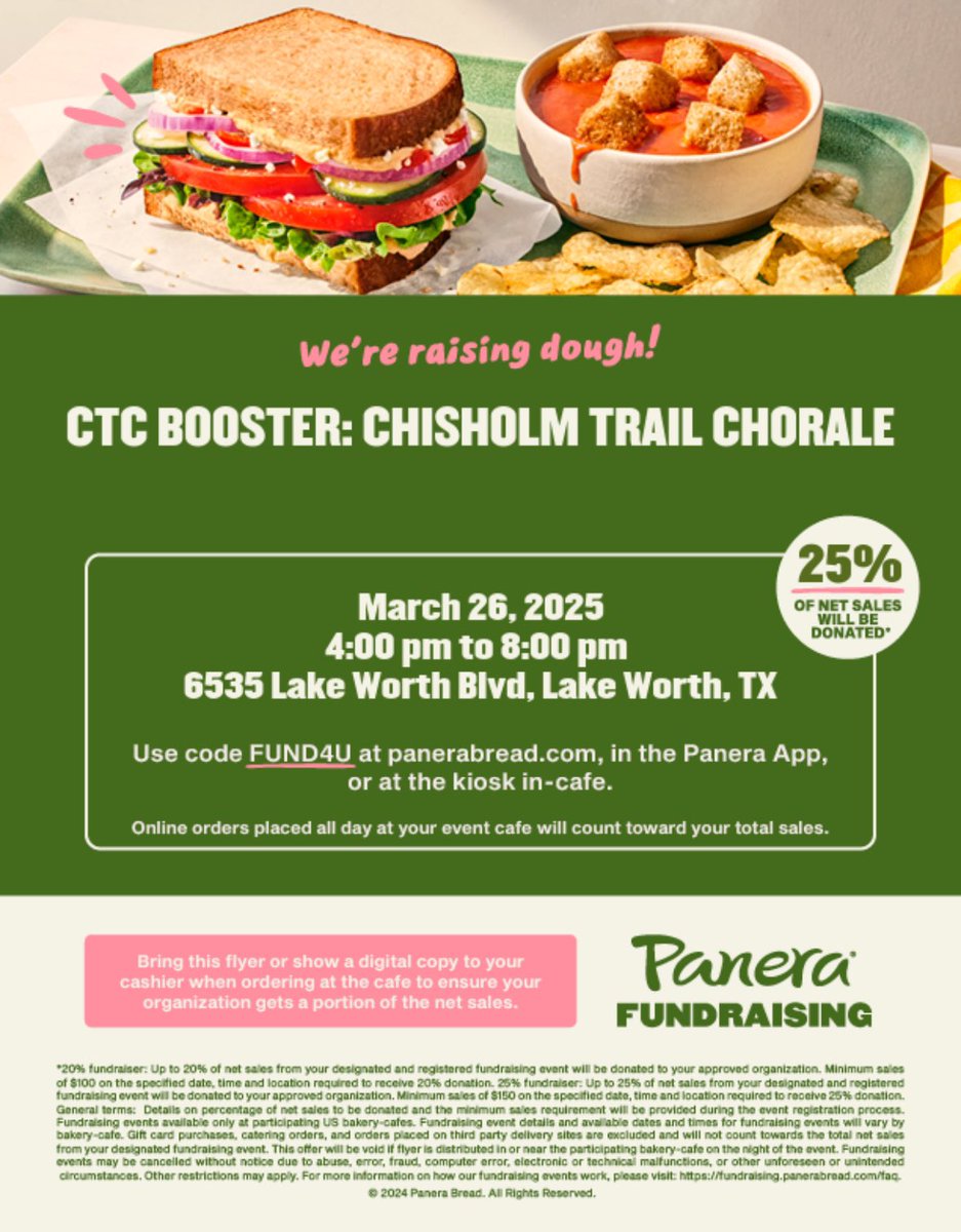 CTChorale's tweet image. Our next spirit night is tomorrow! We are going to move our booster meeting to Panera as well, so grab some delicious food and pull up a chair to catch up with how you can help CTChorale during our contest season! 6 PM meeting start time.