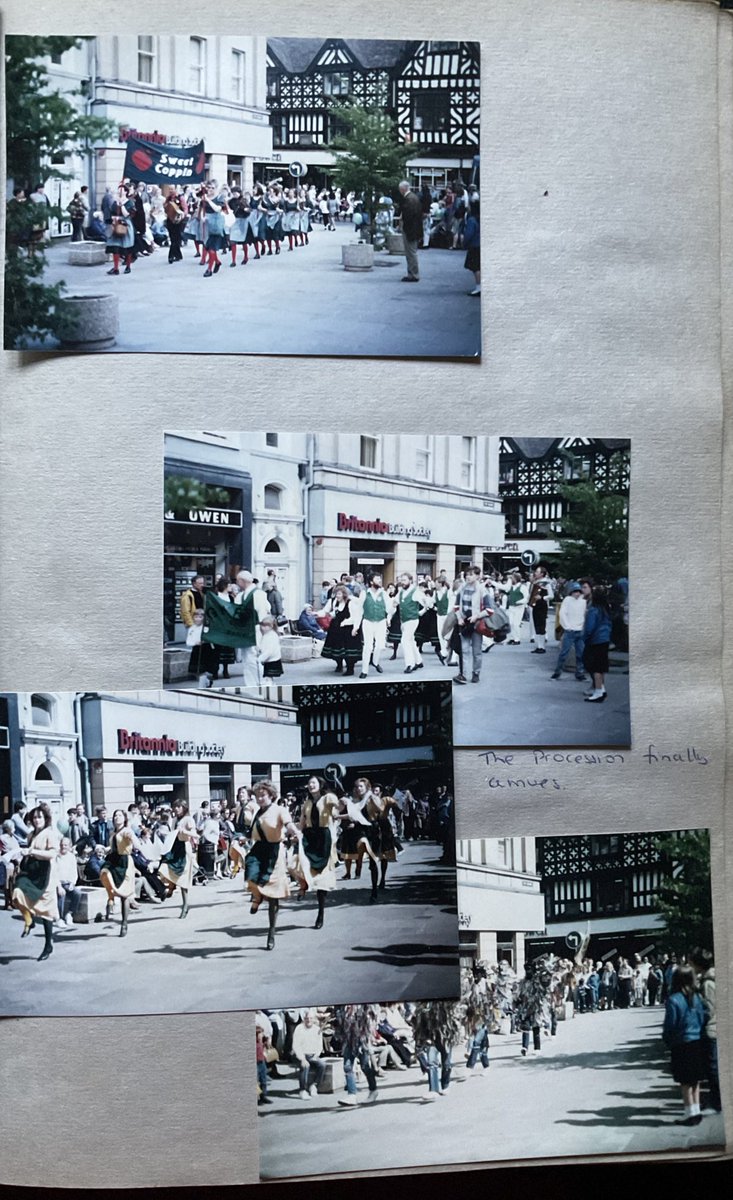 Our tenth anniversary in 1986……….the parade of Morris teams through #Shrewsbury and dancing in Shrewsbury Square. #weare50in2026 🤘😊👍🕺🪗💃
