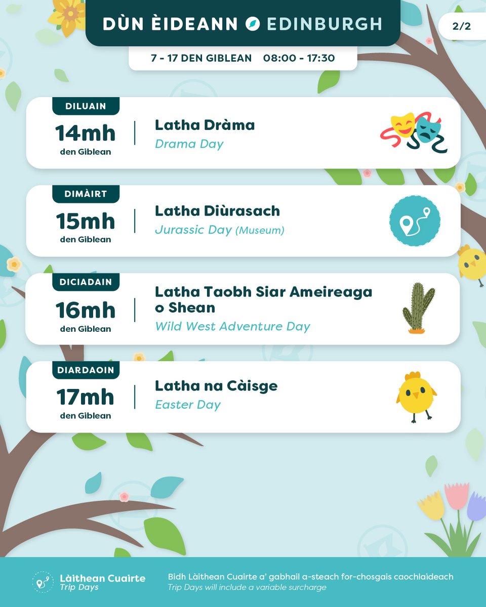 ⏳ Àiteachan a’ fàs gann, clàraich sa bhad! / Places filling fast, book now!

🔵 Òganan Dhùn Èideann:

Gnìomhan do chloinn aois sgoil-àraich agus na bun-sgoile / Activities for preschool and primary age children.